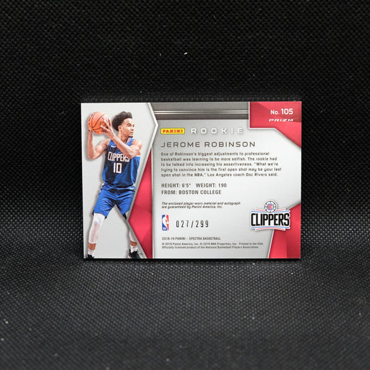 2018-19 Panini Spectra Jerome Robinson Silver Prizm Rookie Patch Autograph 02...