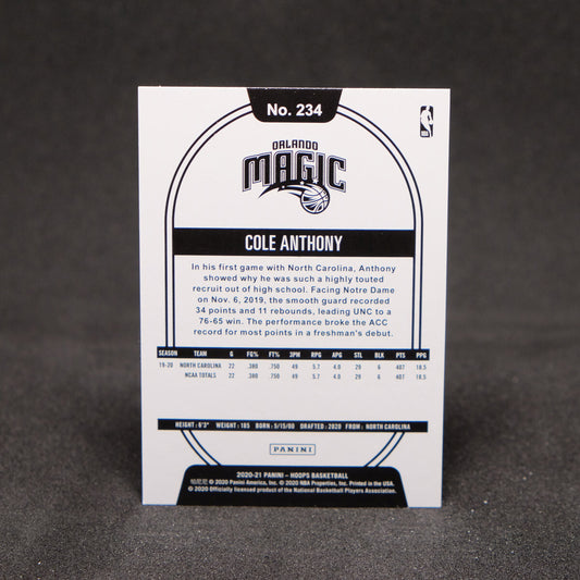 Cole Anthony 2020-21 Hoops #234 Rookie Card