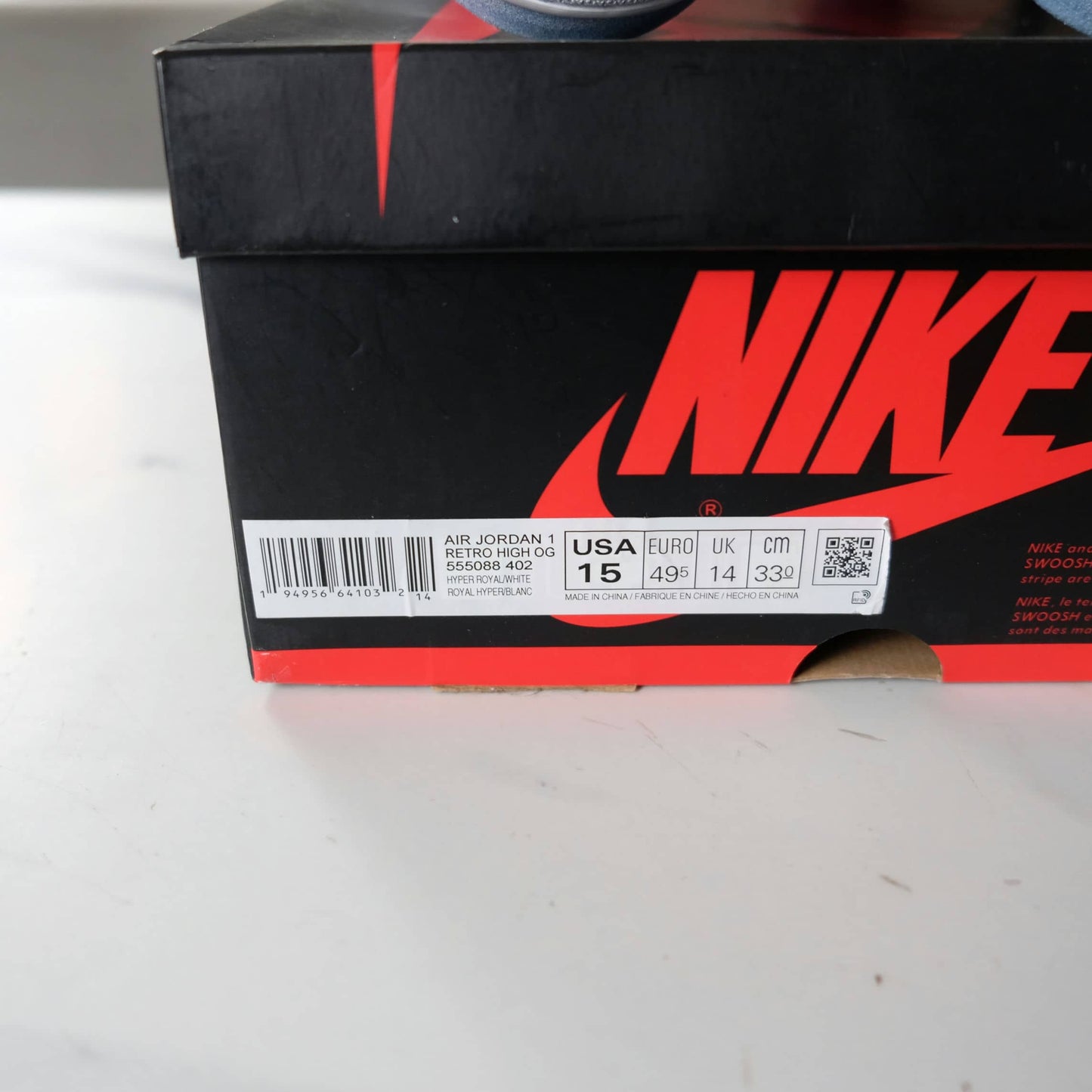 New - Nike Air Jordan 1 Retro High Hyper Royal Smoke Grey US Size 15 Mens 555088-402