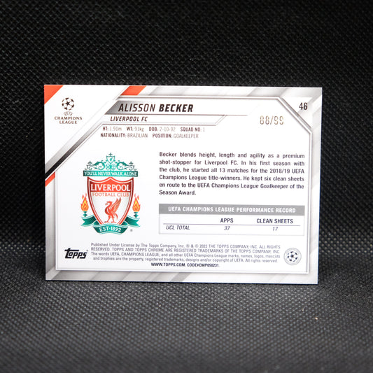 2021-22 Alisson Becker Topps Chrome UEFA UCL #46 Neon Green Wave Refractor