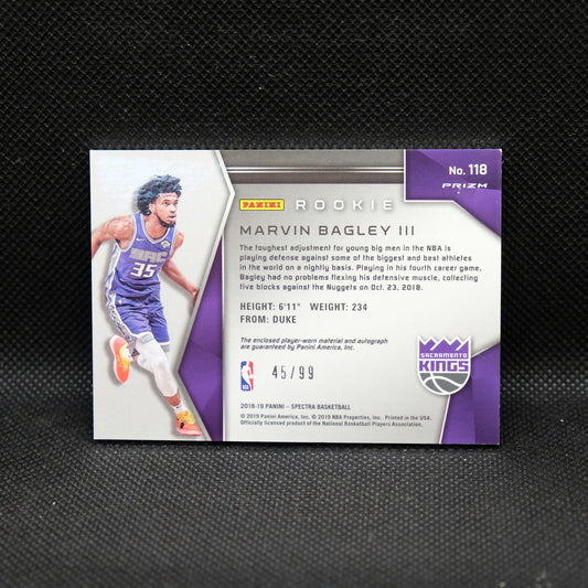 2018-19 Marving Bagley III Spectra #118 Rookie Patch Auto Neon Blue Prizm /99