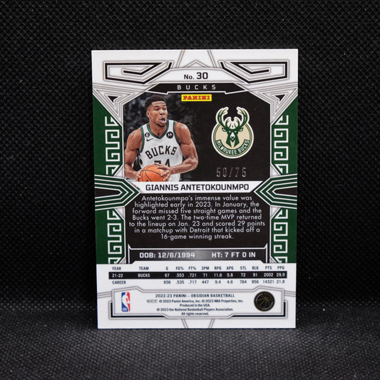 2022-23 Giannis Antetokounmpo Obsidian #30 Red Yellow Green Flood /75
