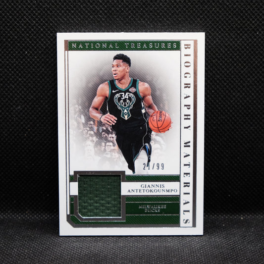 2018-19 Giannis Antetokounmpo National Treasures Biography Materials 21/99