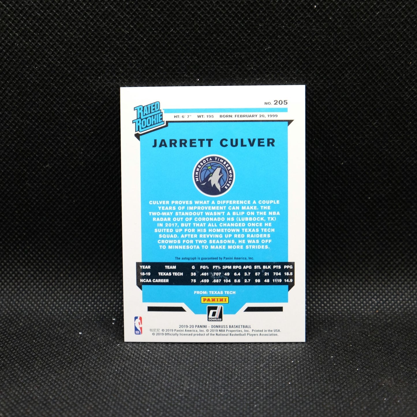 2019-20 Donruss Jarrett Culver Rated Rookie Green Purple Laser Autograph