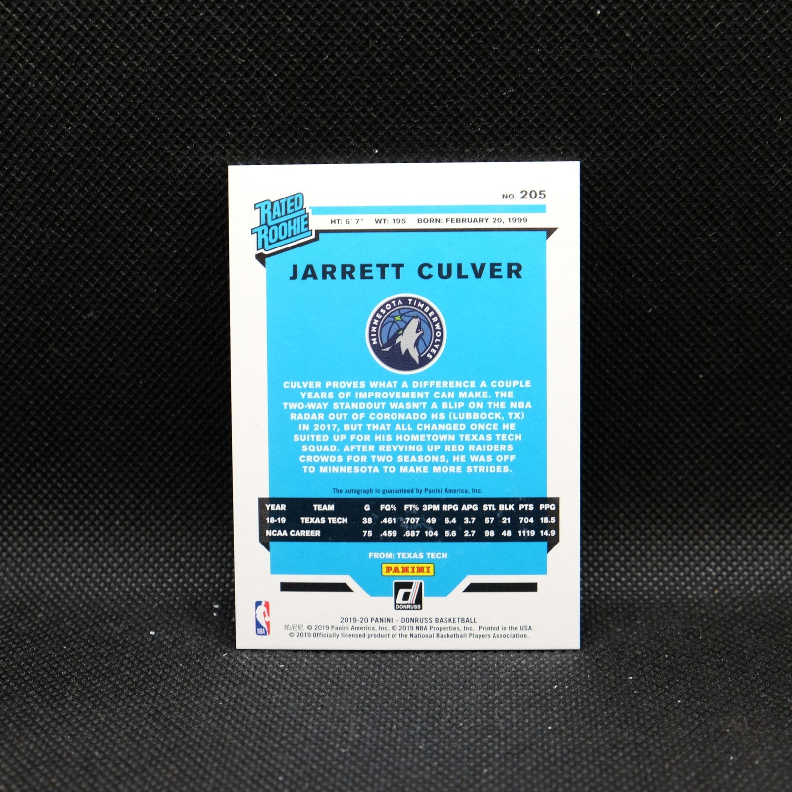 2019-20 Donruss Jarrett Culver Rated Rookie Green Purple Laser Autograph