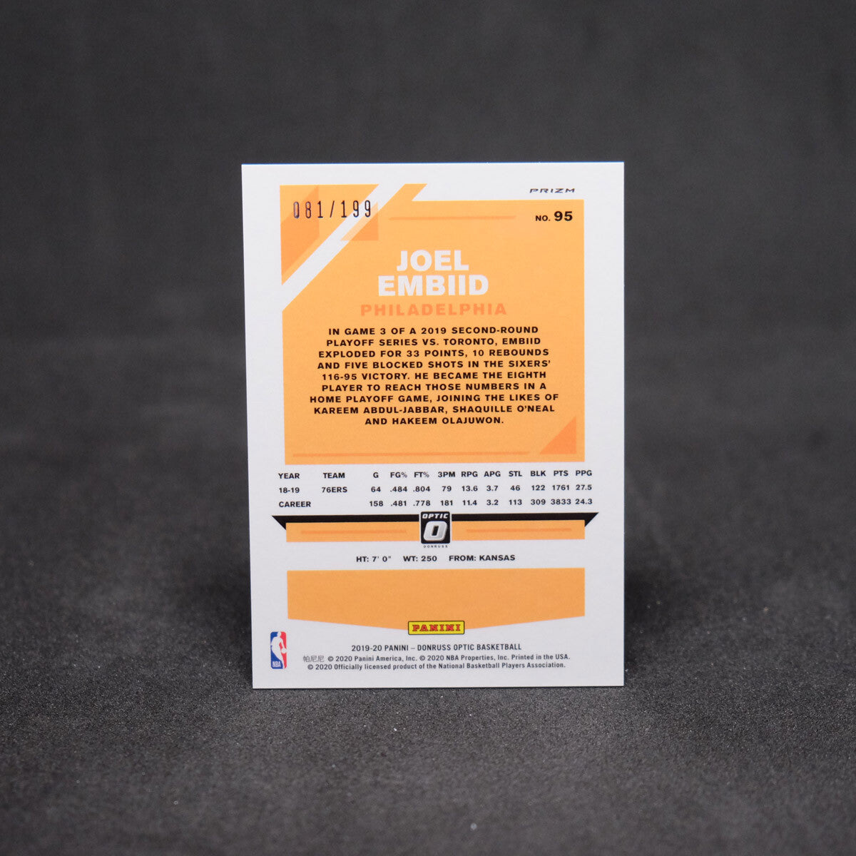 2019-20 Joel Embiid Panini Donruss Optic - Orange Prizm /199