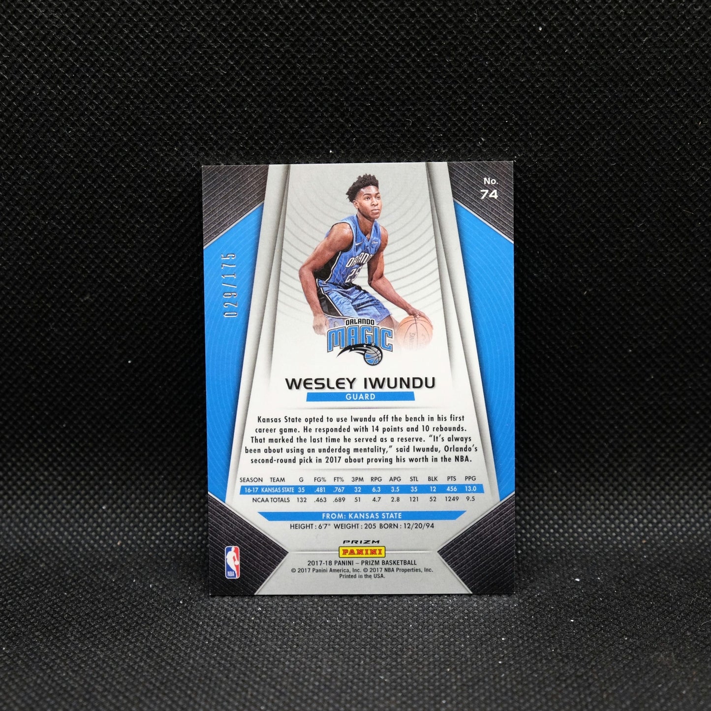 2017-18 Prizm Wesley Iwundu #74 Blue Fast Break Prizm Rookie Card /175
