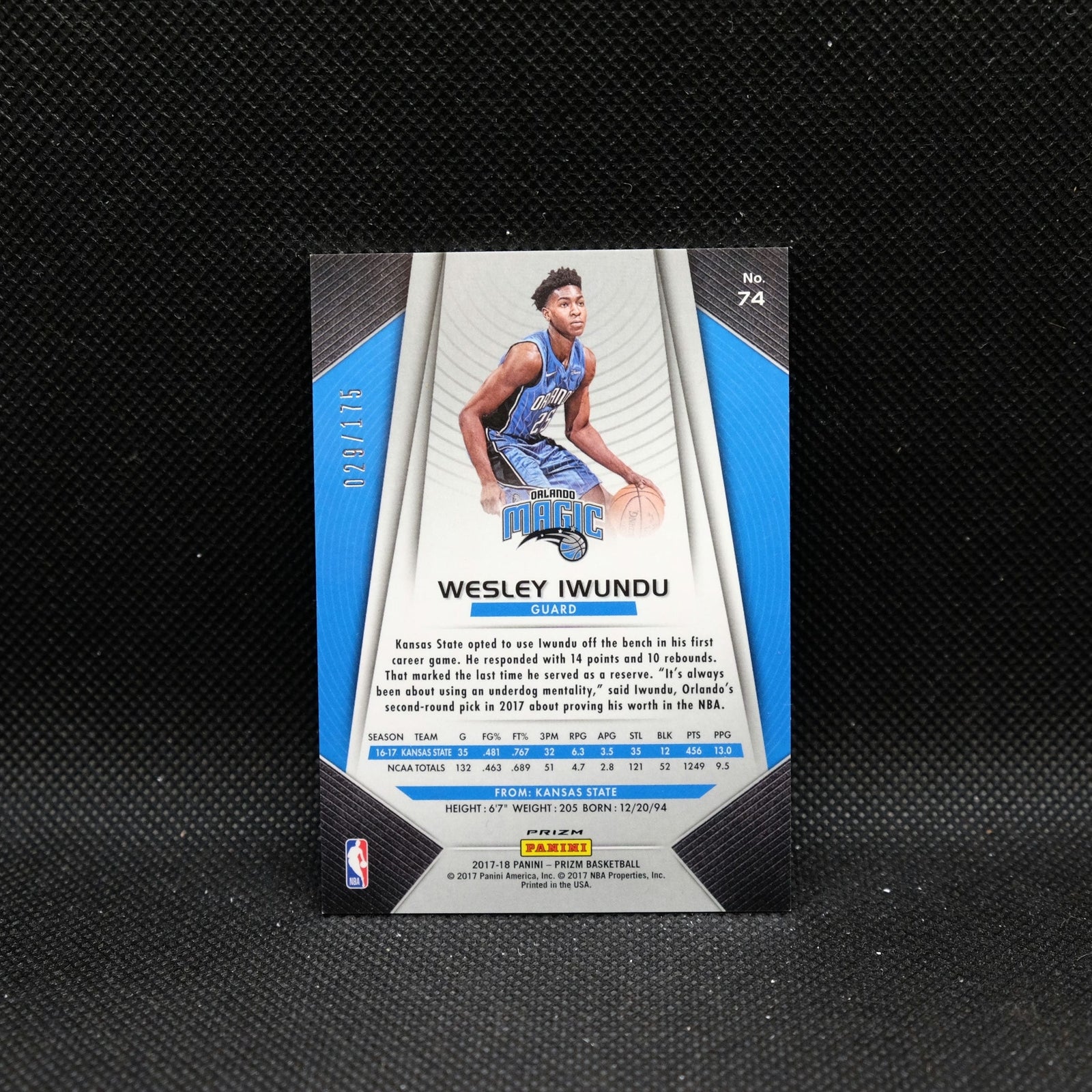2017-18 Prizm Wesley Iwundu #74 Blue Fast Break Prizm Rookie Card /175