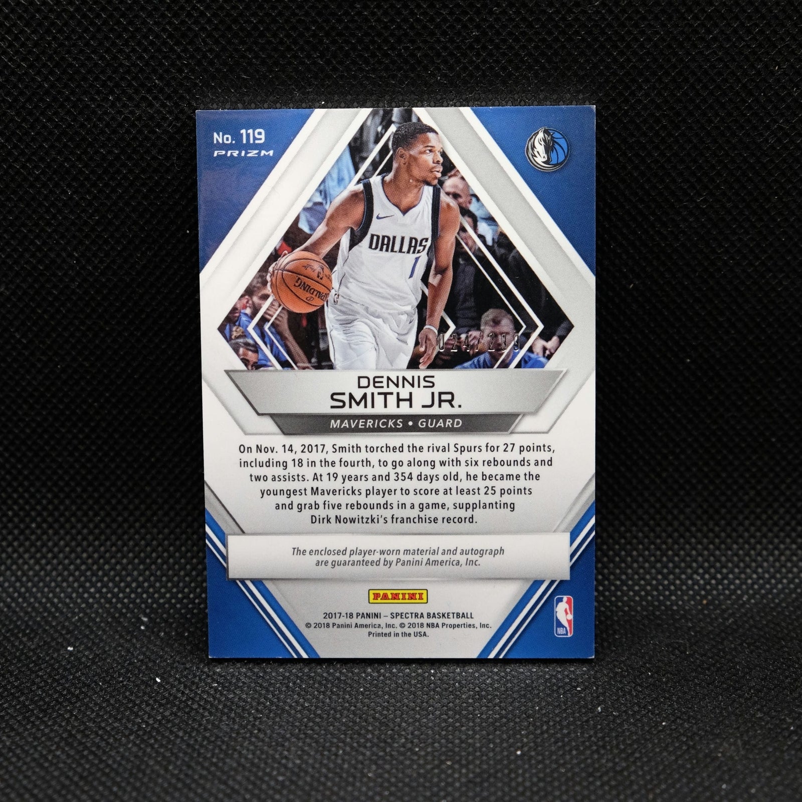 2017-18 Spectra Dennis Smith Jr. Rookie Patch Auto Silver Prizm /299