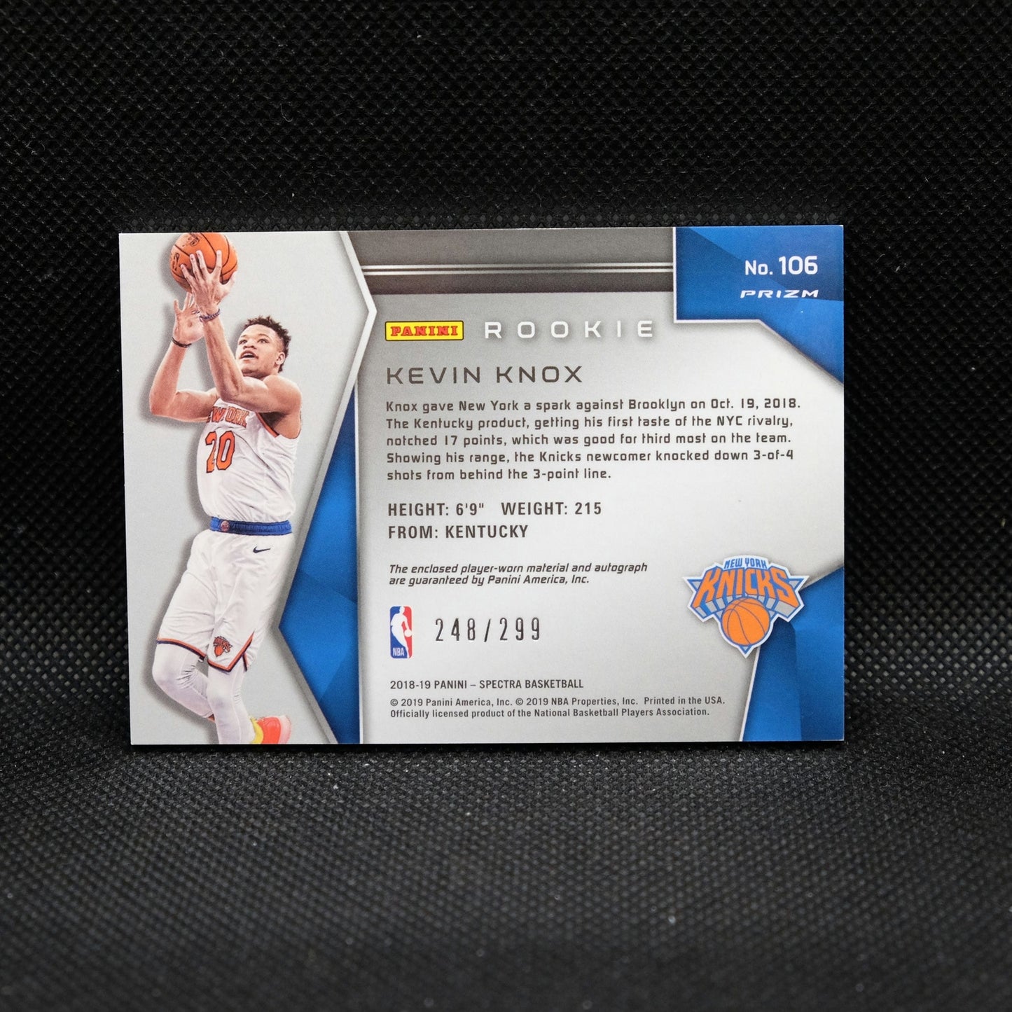 2018-19 Kevin Knox Spectra Silver Prizm Rookie Patch Auto /299
