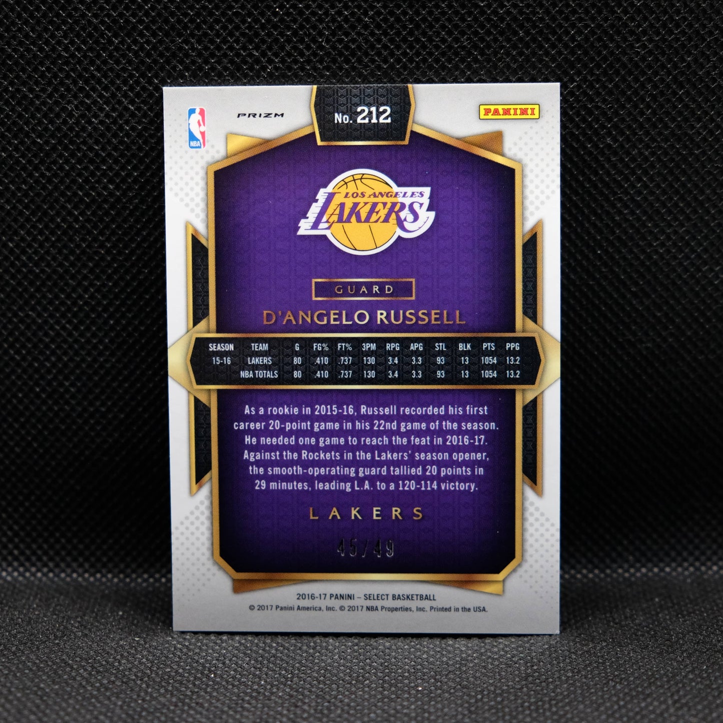 2016-17 D'Angelo Russell Select #212 Gold Prizm /49