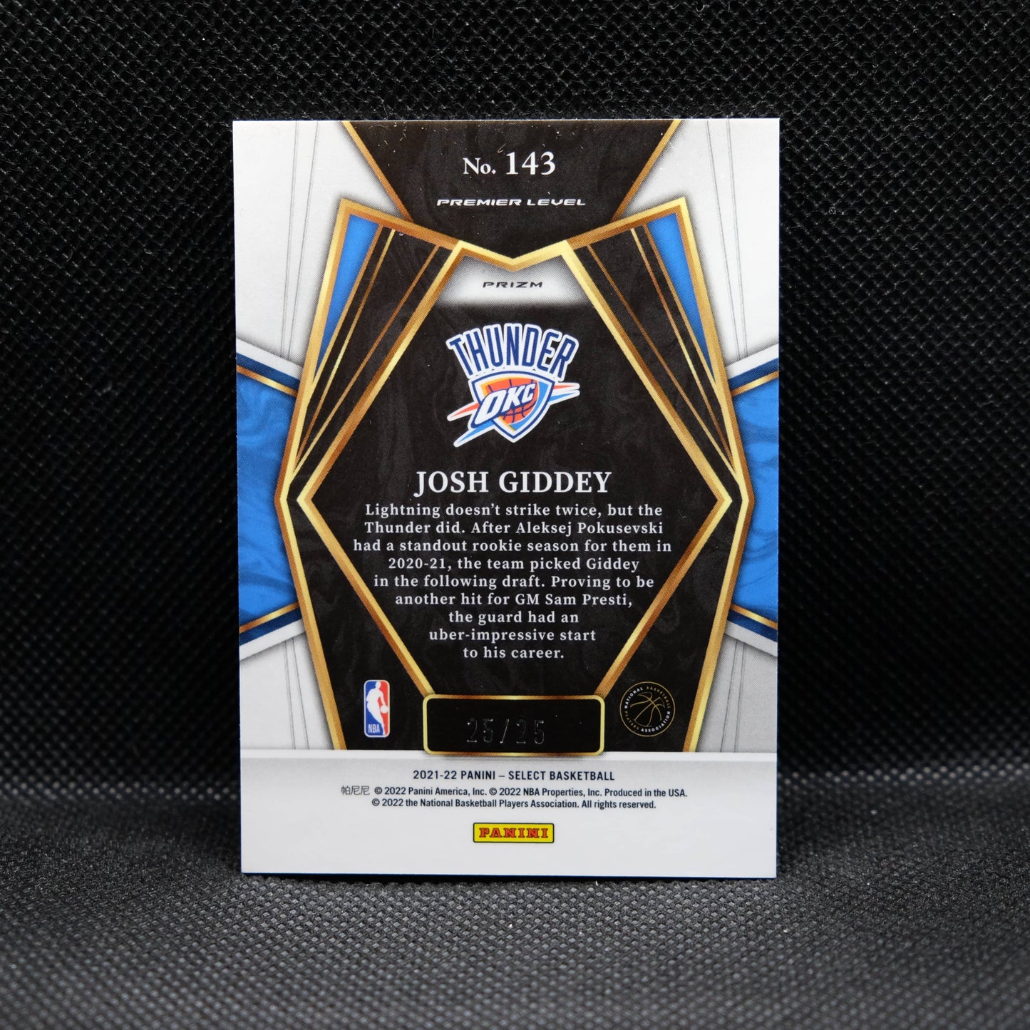 2021-22 Josh Giddey Select #143 Blue Fast Break Prizm /25 Rookie Card