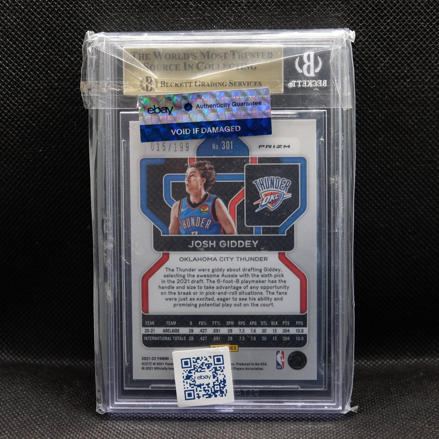 2021-22 Josh Giddey Prizm #301 Blue /199 Prizm Rookie BGS 9.5 Gem Mint