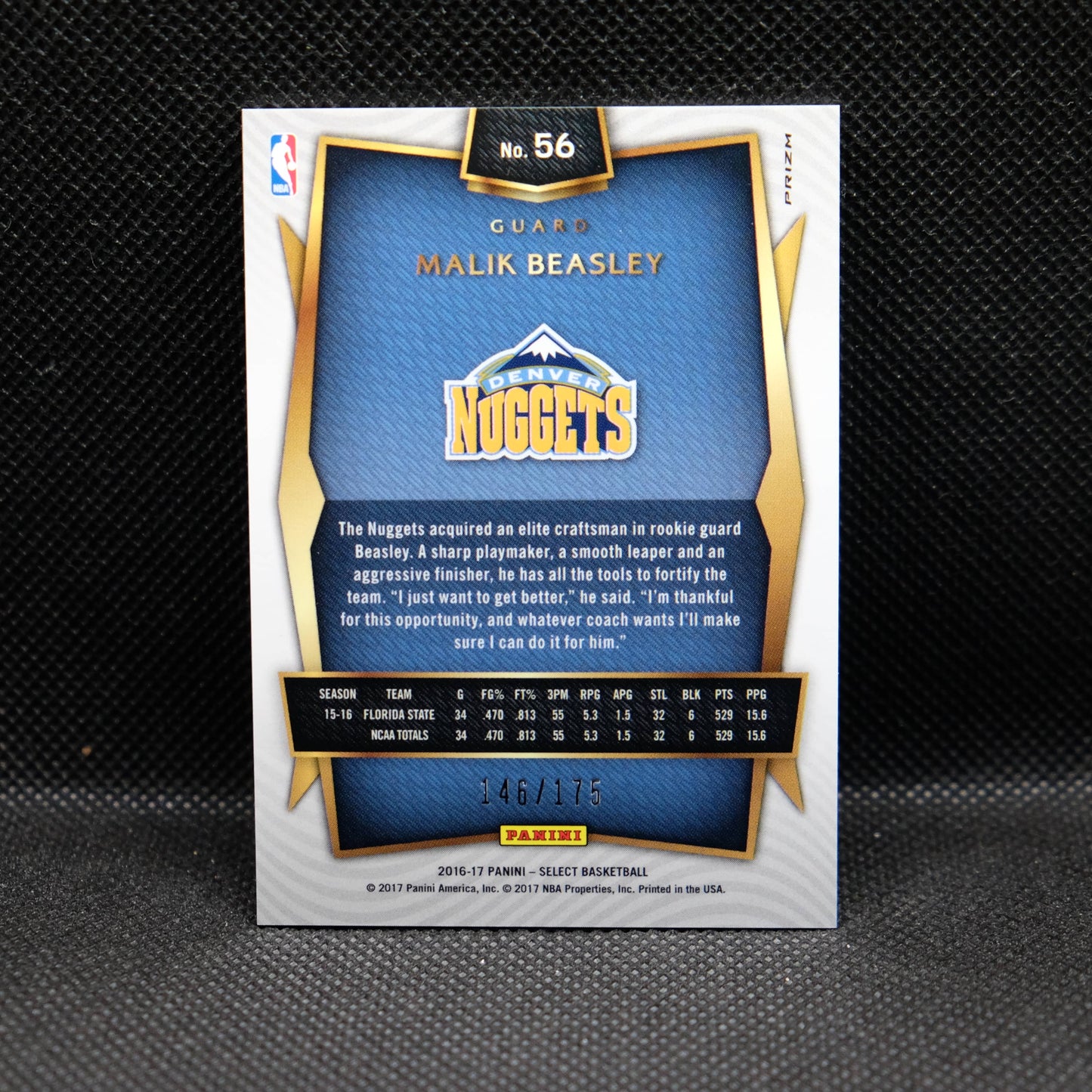 2016-17 Malik Beasley Select #56 Maroon /175 Rookie Card