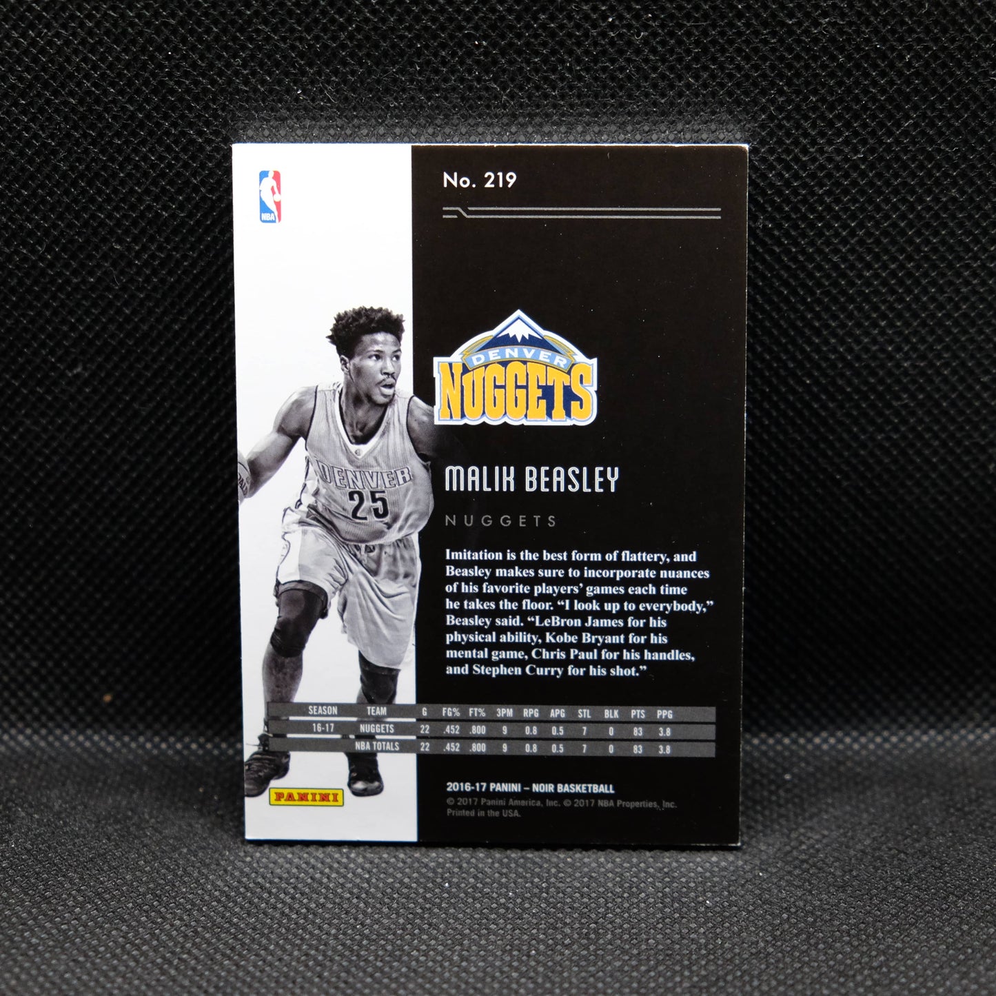 2016-17 Malik Beasley Noir #219 Rookie Card /10