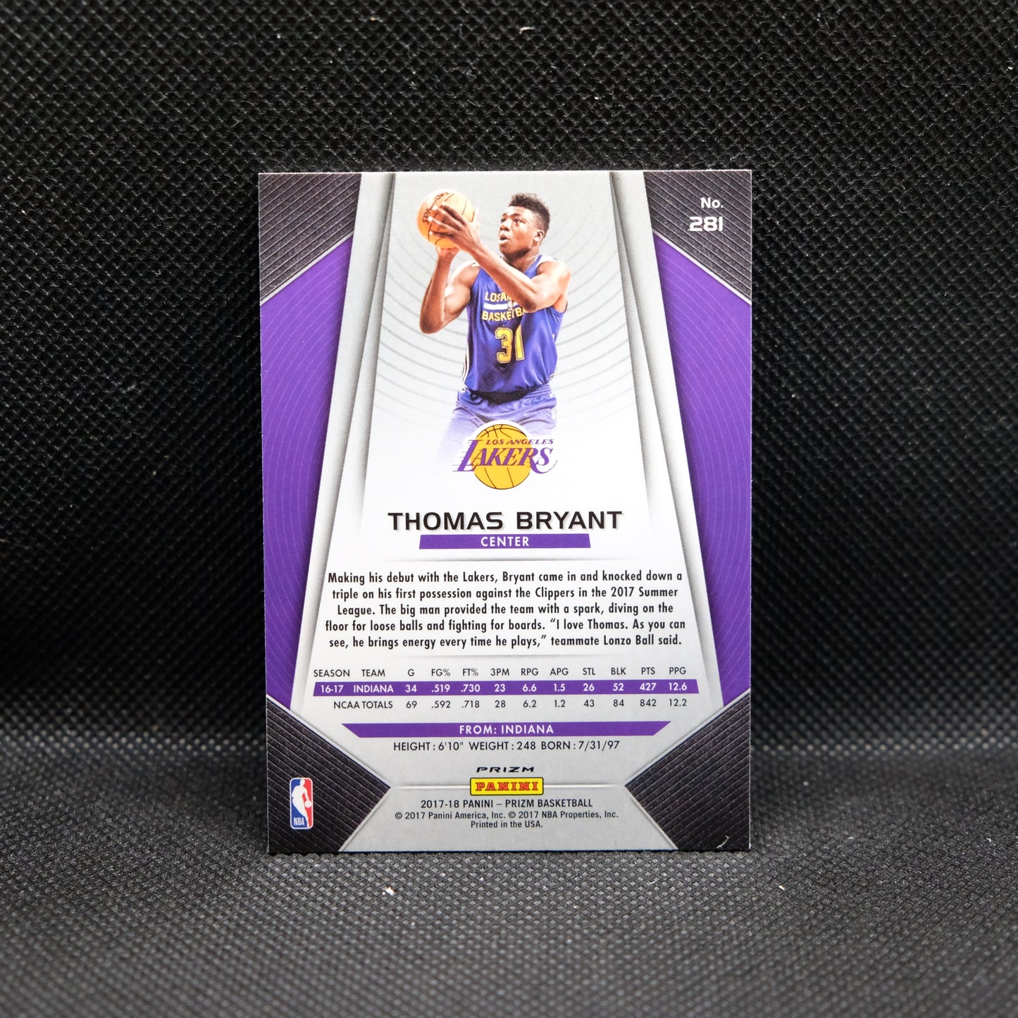 2017-18 Thomas Bryant Prizm #281 Red White Blue Prizm Rookie Card