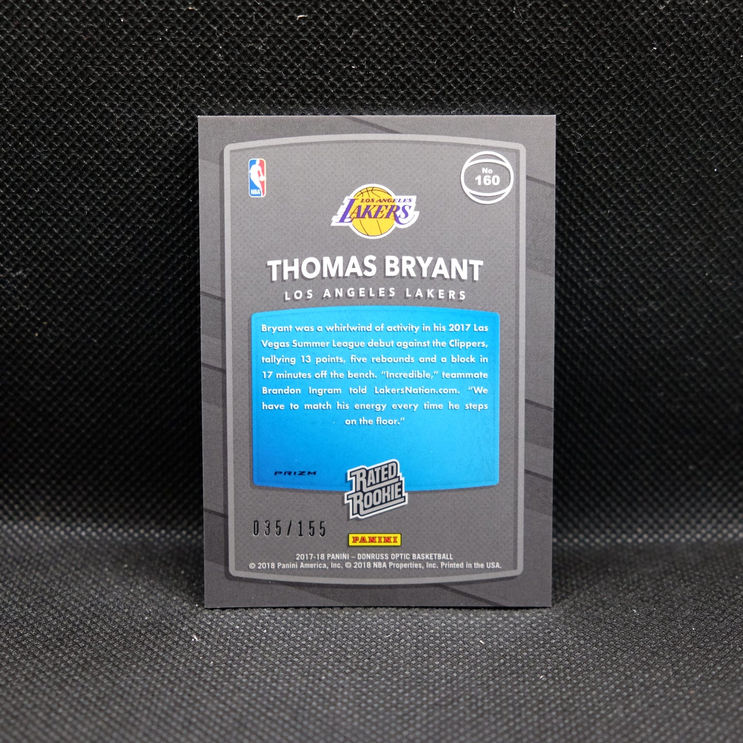 2017-18 Thomas Bryant Donruss Optic Rated Rookie Purple Fast Break Prizm /155