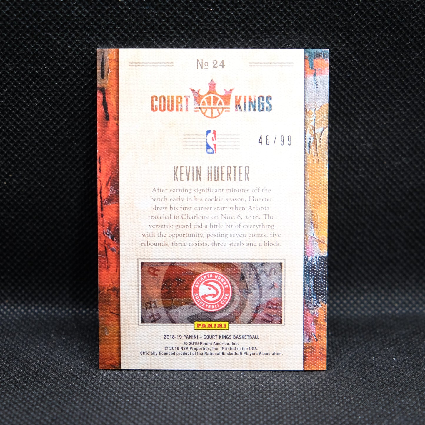 2018-19 Kevin Huerter Crown Royal Rookie Portraits Maroon /99 Rookie Card