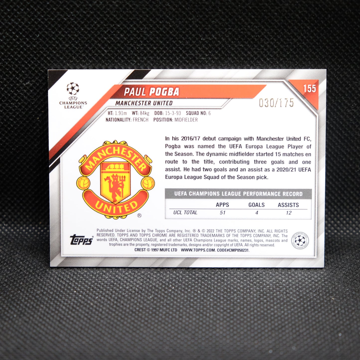 2021-22 Paul Pogba Topps Chrome UEFA UCL #155 Pink Mini Diamond Refractor /175