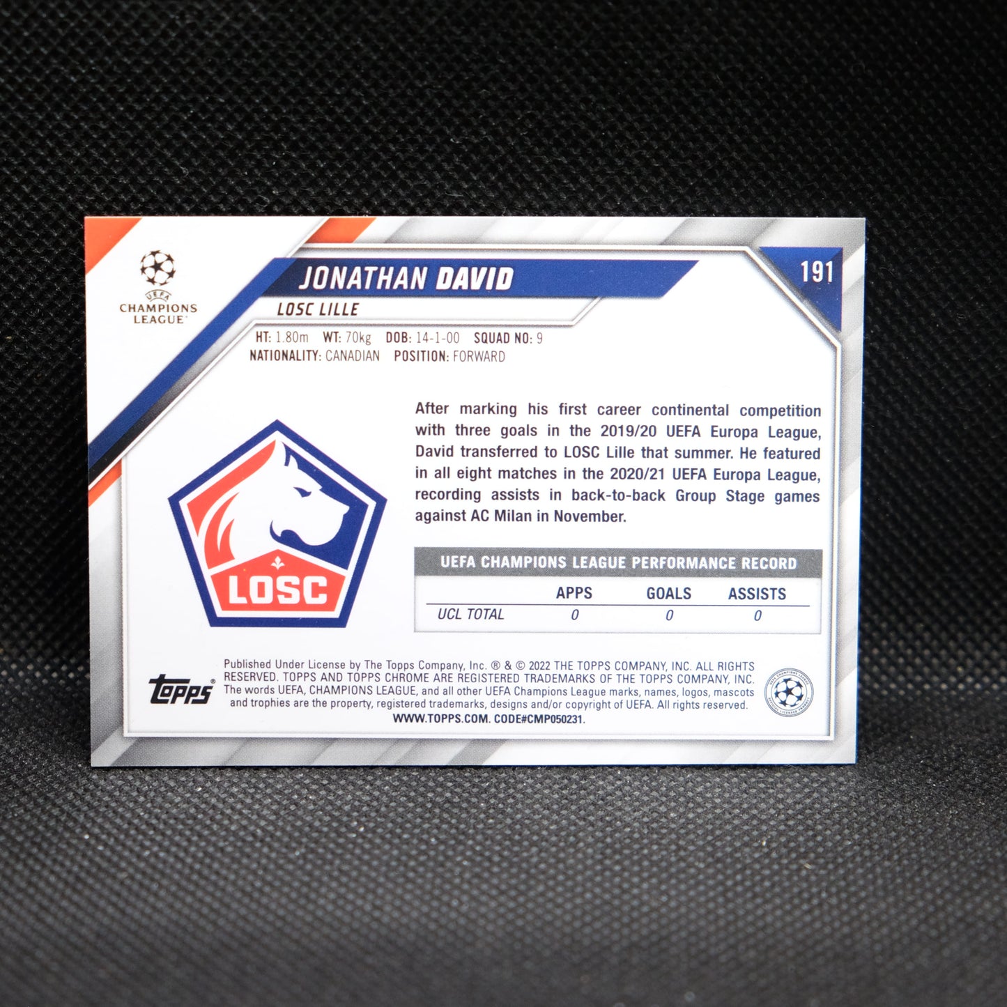 2021-22 Jonathan David Topps Chrome UEFA UCL RC #191 Red Gold Starball