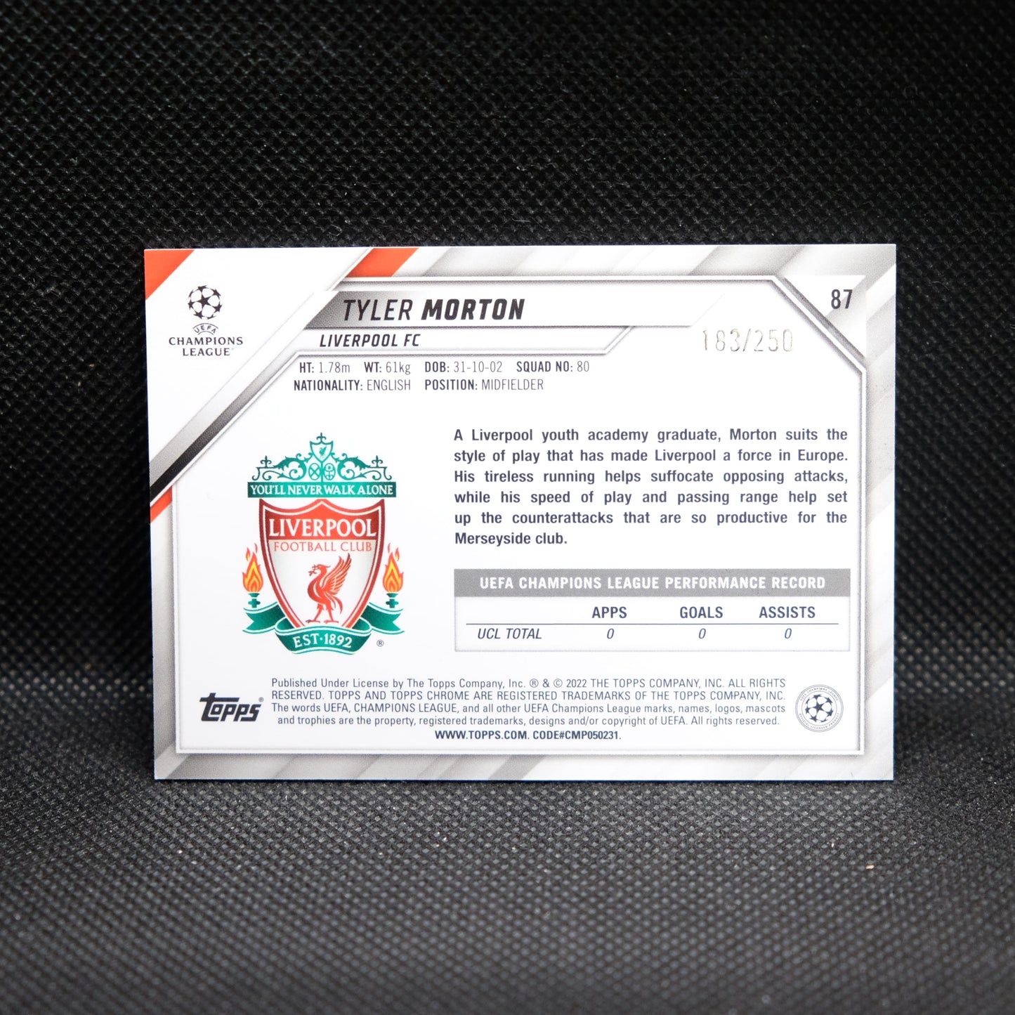 2021-22 Tyler Morton Topps Chrome UEFA UCL #87 Purple Mini Diamond /250