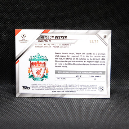 2021-22 Alisson Becker Topps Chrome UEFA UCL #46 Neon Green Wave Refractor