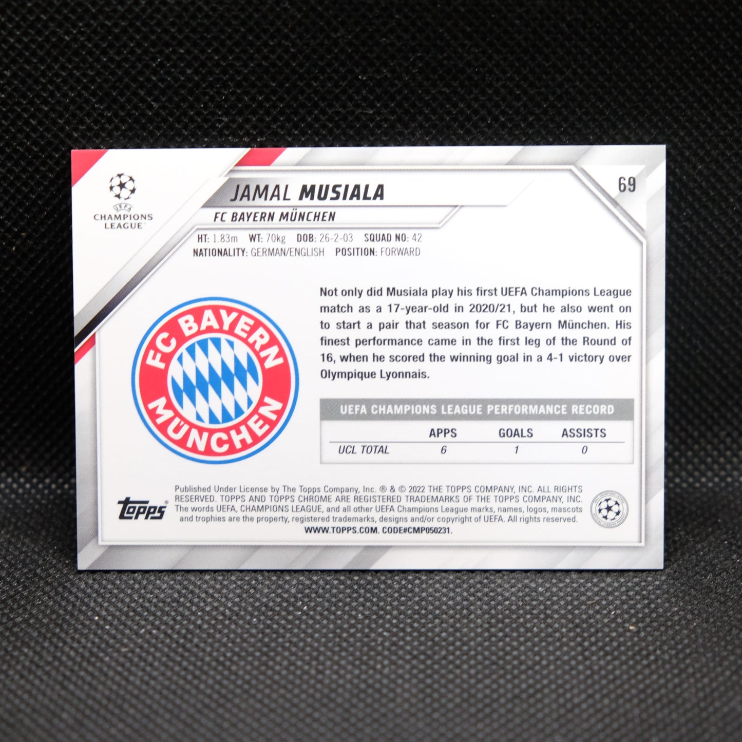 2021-22 Jamal Musiala Topps Chrome UEFA UCL #69 Speckle Refractor