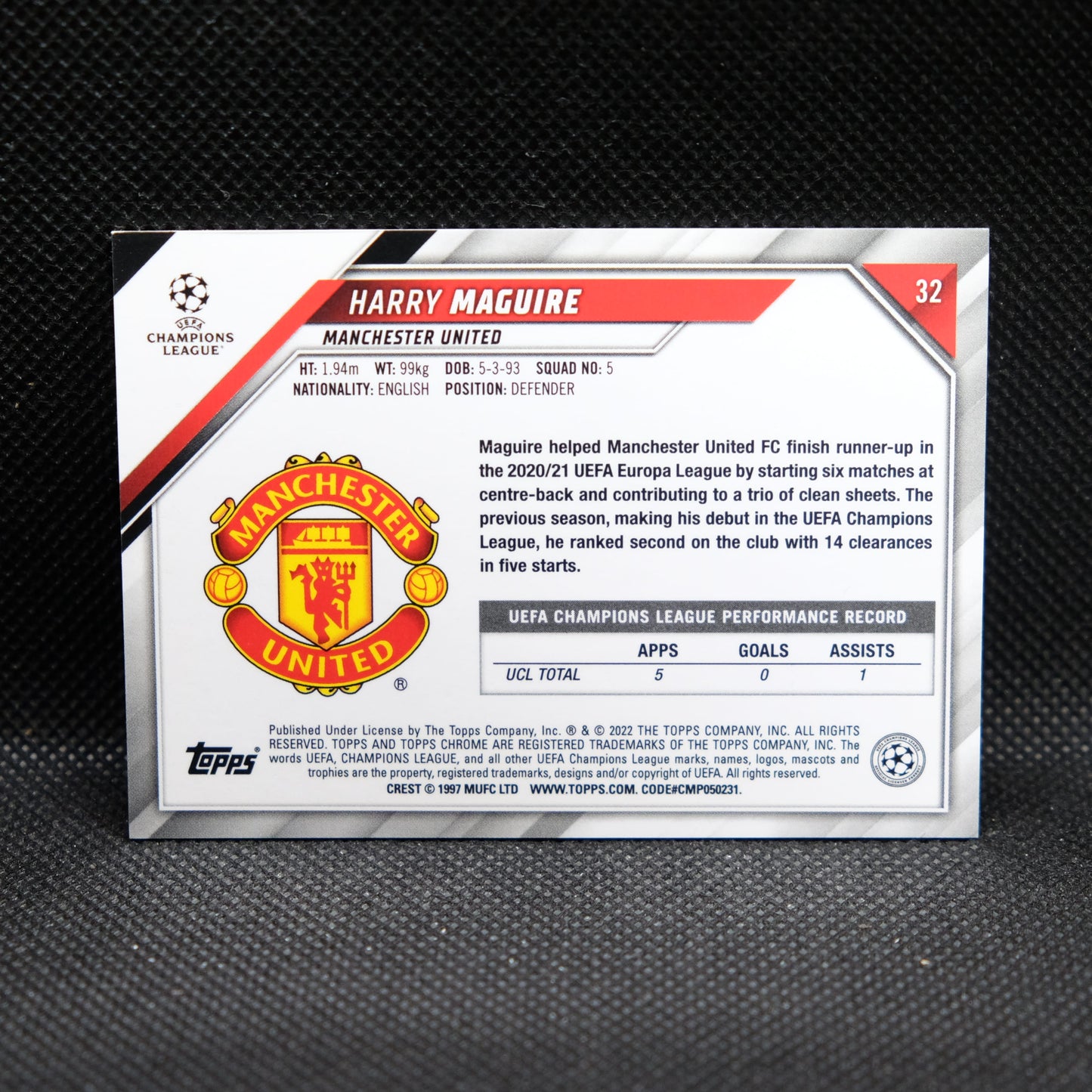 2021-22 Harry Maguire Topps Chrome UEFA UCL #32 Blue Lava