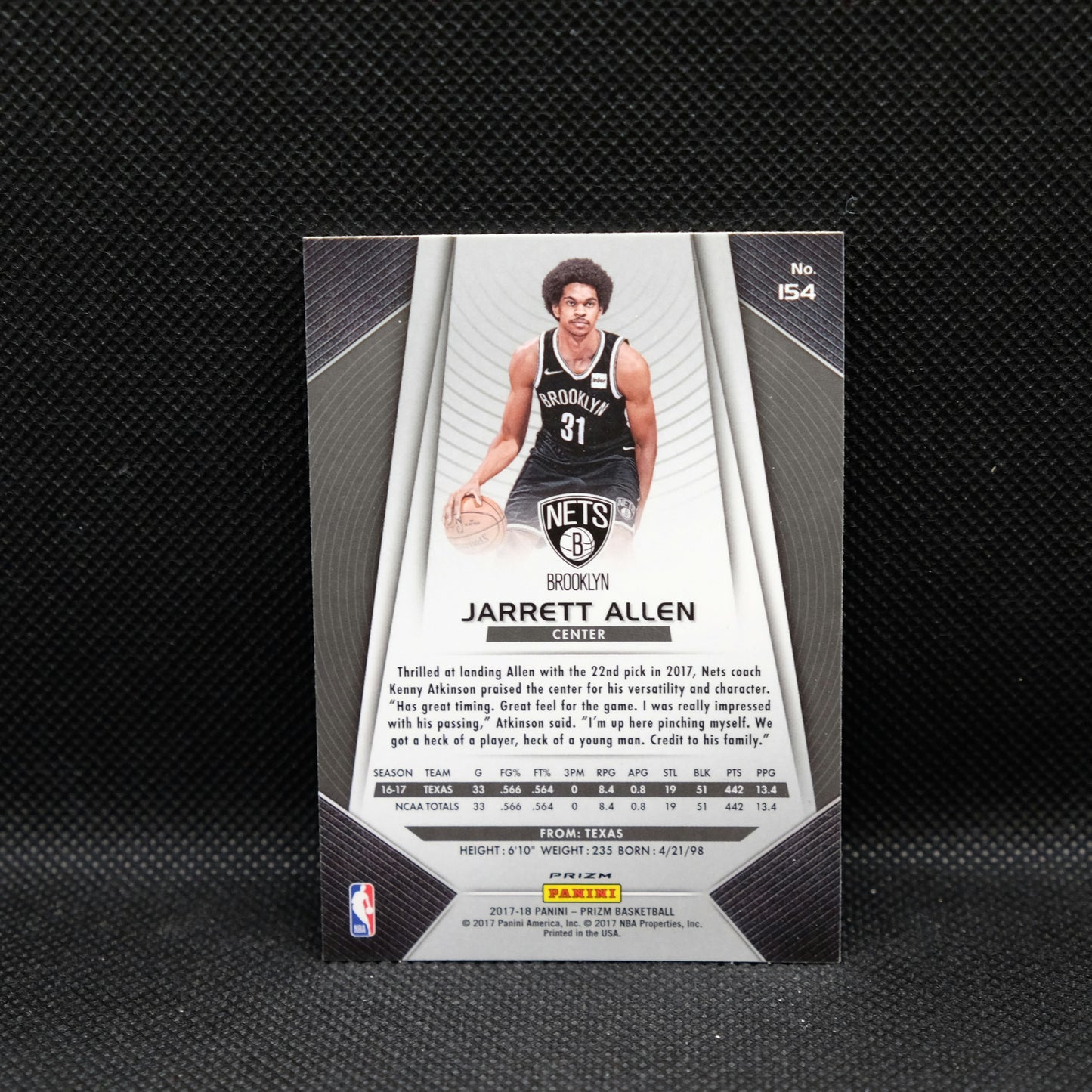 2017-18 Jarrett Allen Panini Prizm RC #154 Silver Prizm