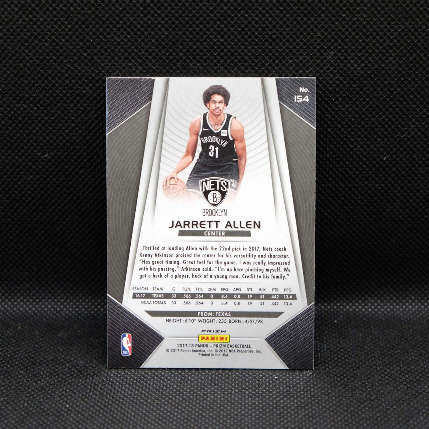 2017-18 Jarrett Allen Panini Prizm RC #154 Silver Fast Break Prizm