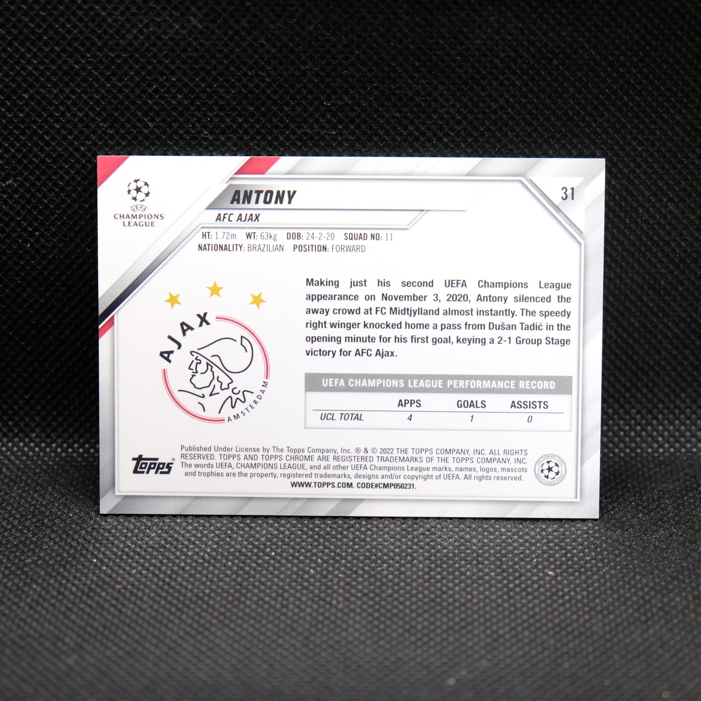 2021-22 Antony Topps Chrome UEFA UCL #31 Speckle Refractor