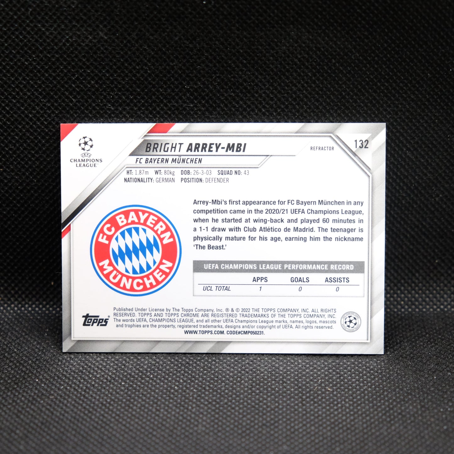 2021-22 Bright Arrey-Mbi Topps Chrome UEFA UCL #132 Refractor RC