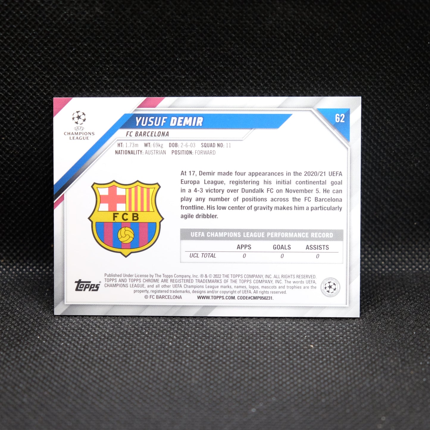 2021-22 Yusuf Demir Topps Chrome UEFA UCL #62 Speckle Refractor RC