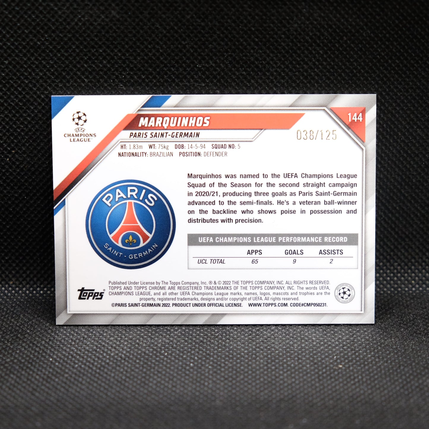 2021-22 Marquinhos Topps Chrome UEFA UCL #144 /125 Rose Gold