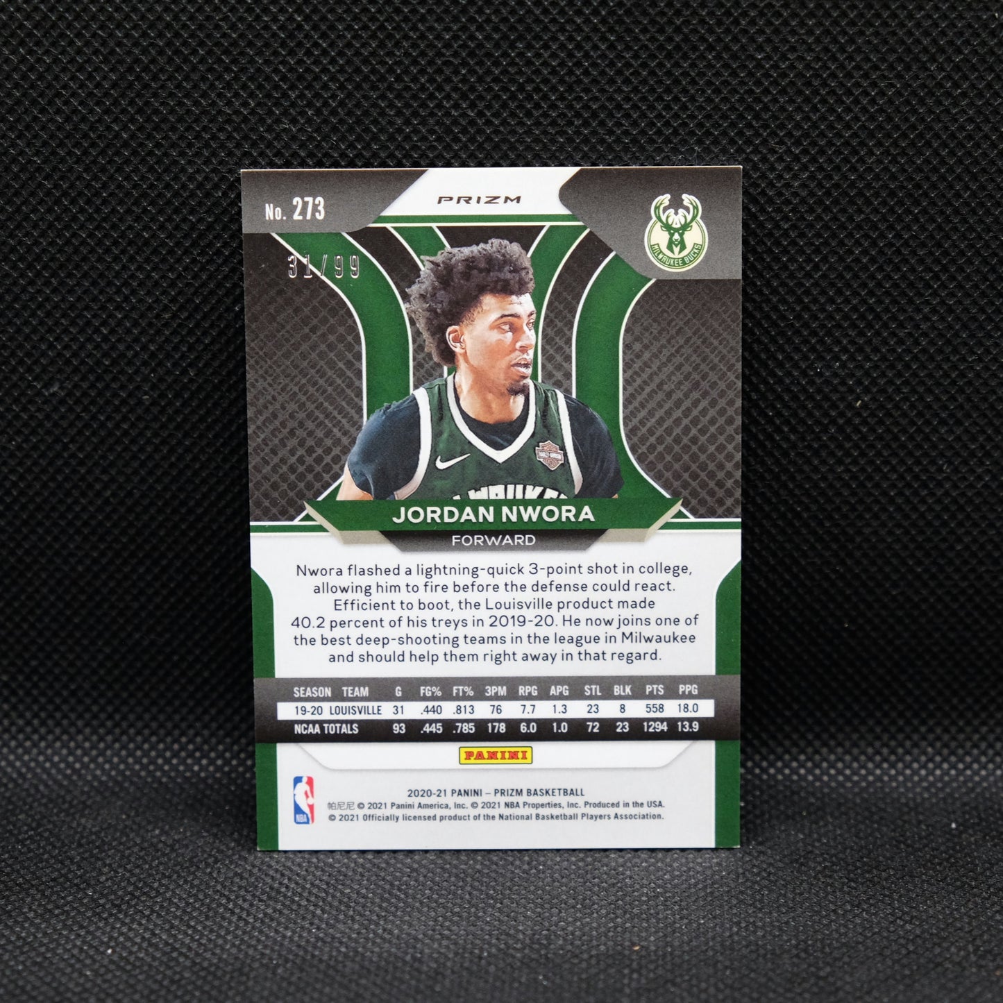 2020-21 Jordan Nwora Prizm #273 Purple Prizm /99 RC