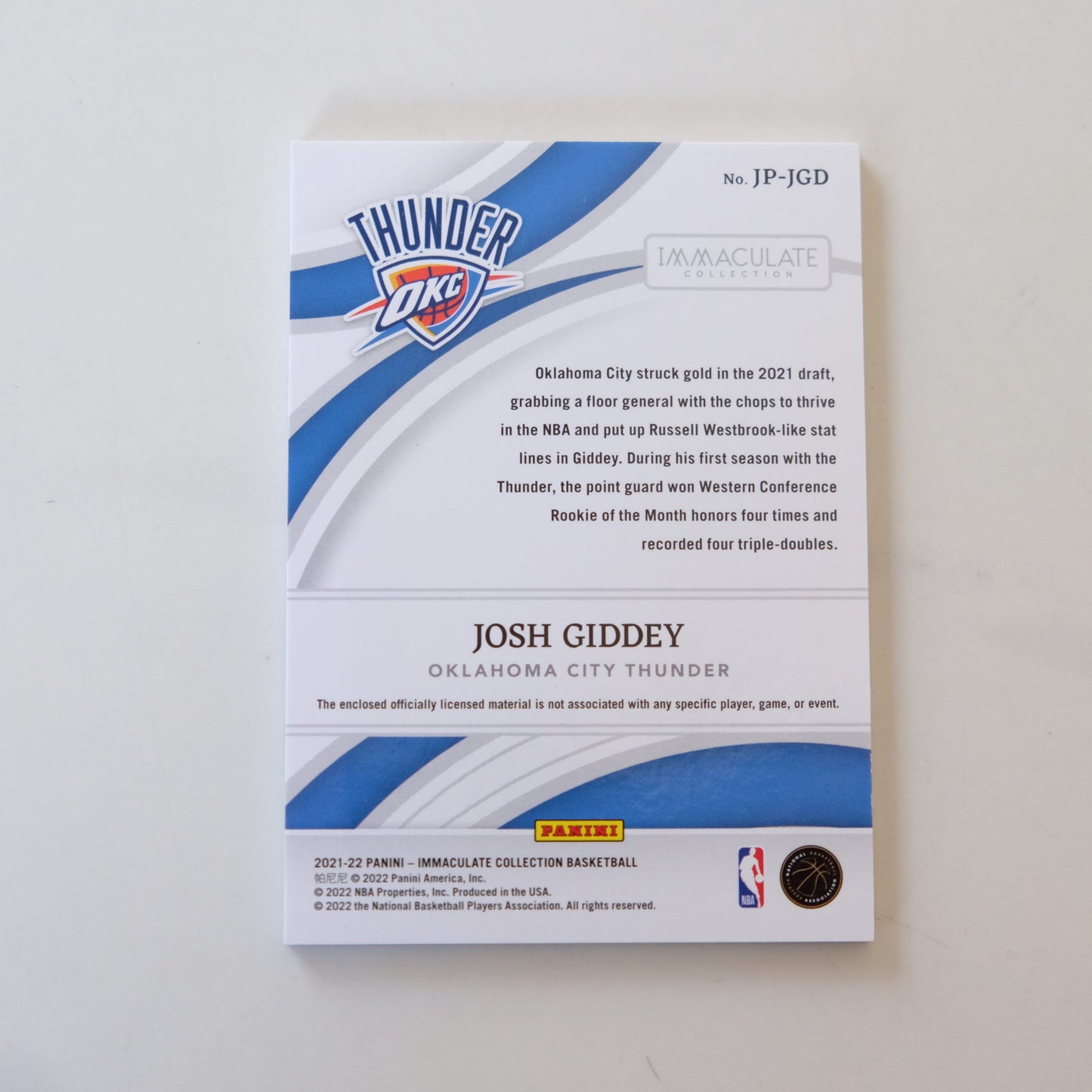 2021-22 Josh Giddey Immaculate Rookie Jersey Number JP-JGD /50