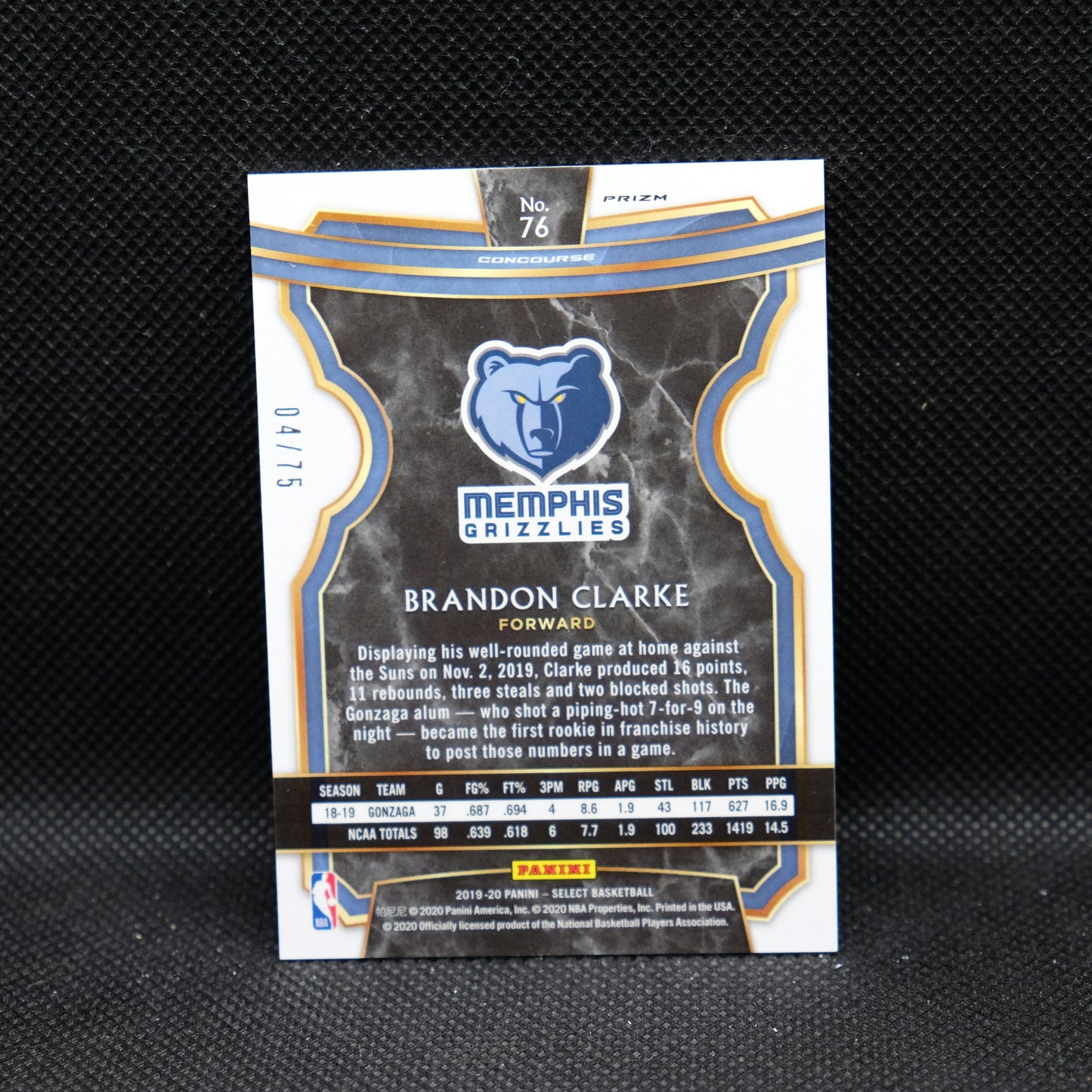 2019-20 Brandon Clarke Select #76 Concourse Green Prizm RC /75