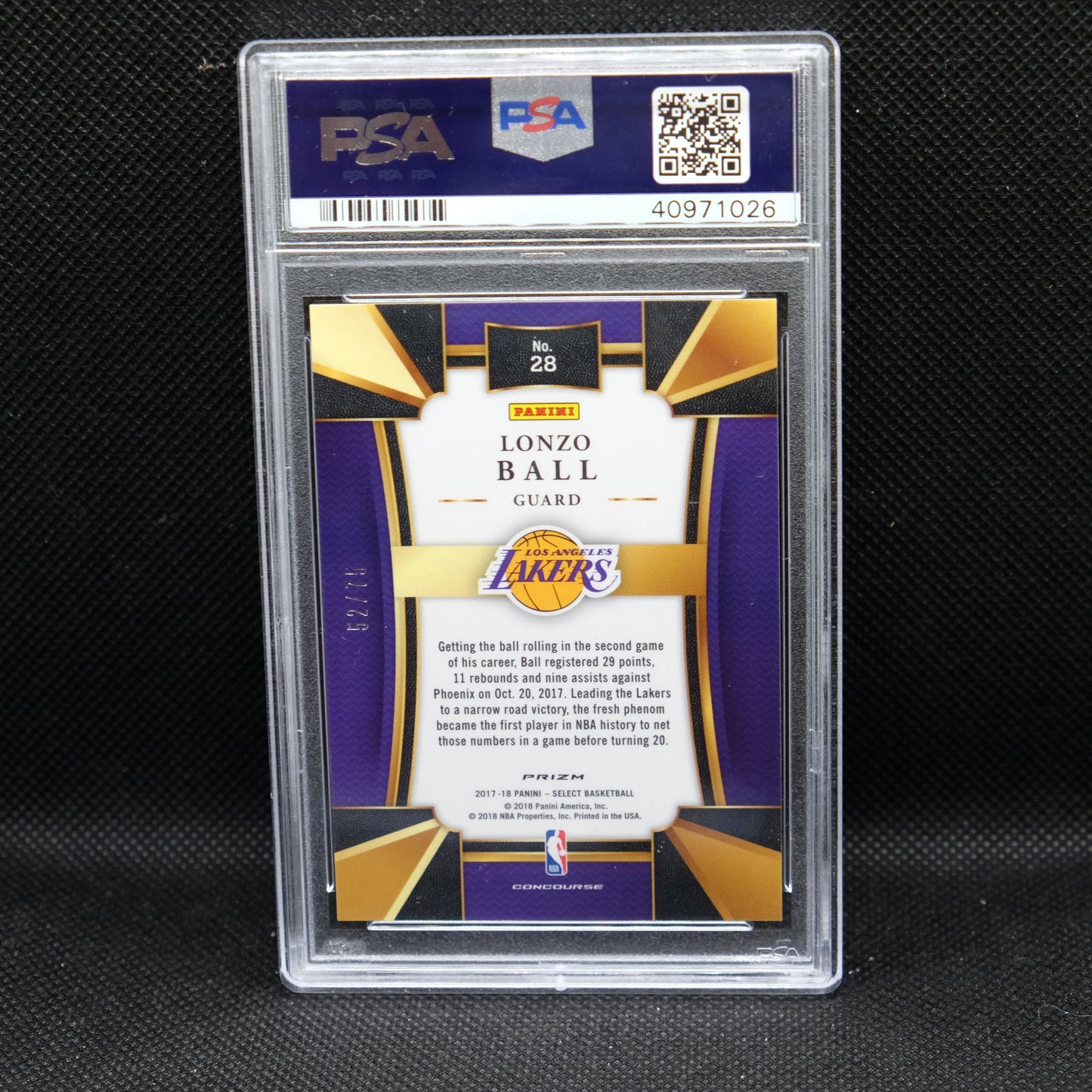 2017-18 Lonzo Ball Select Orange Prizm #28 Rookie Card /75 PSA 10