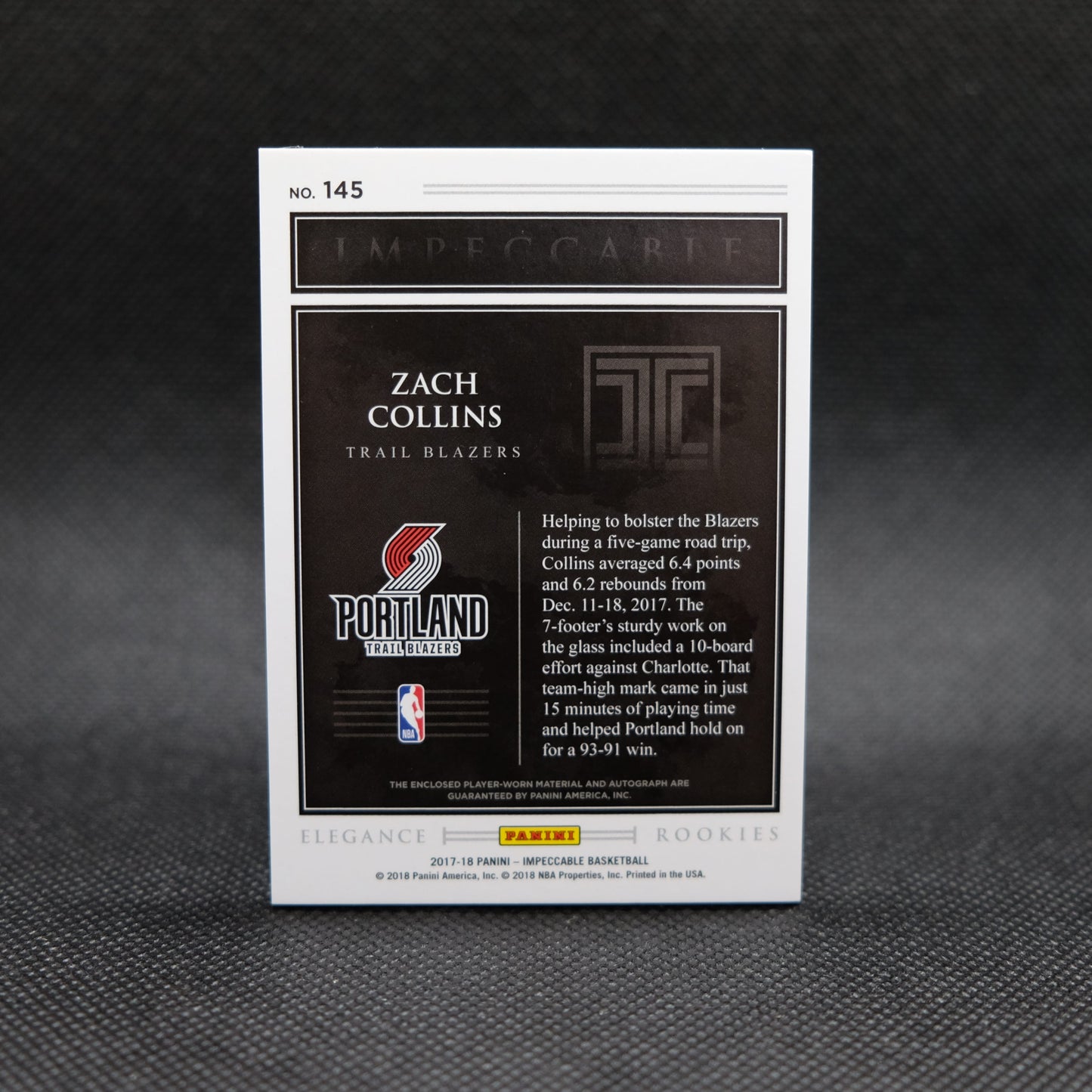 2017-18 Zach Collins Impeccable Elegance Rookies RPA /99