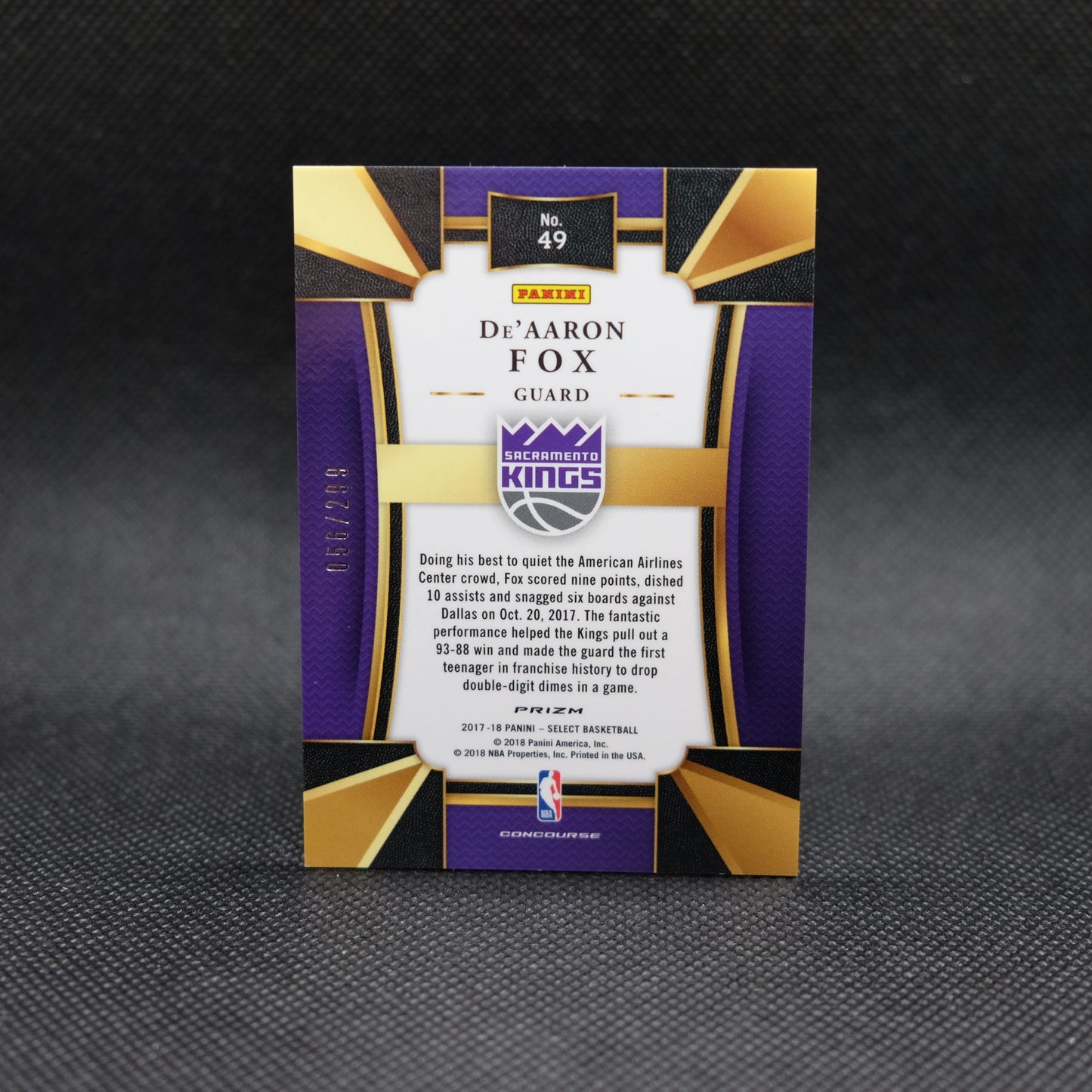 2017-18 De'Aaron Fox Select #49 Blue Prizm Rookie Card /299