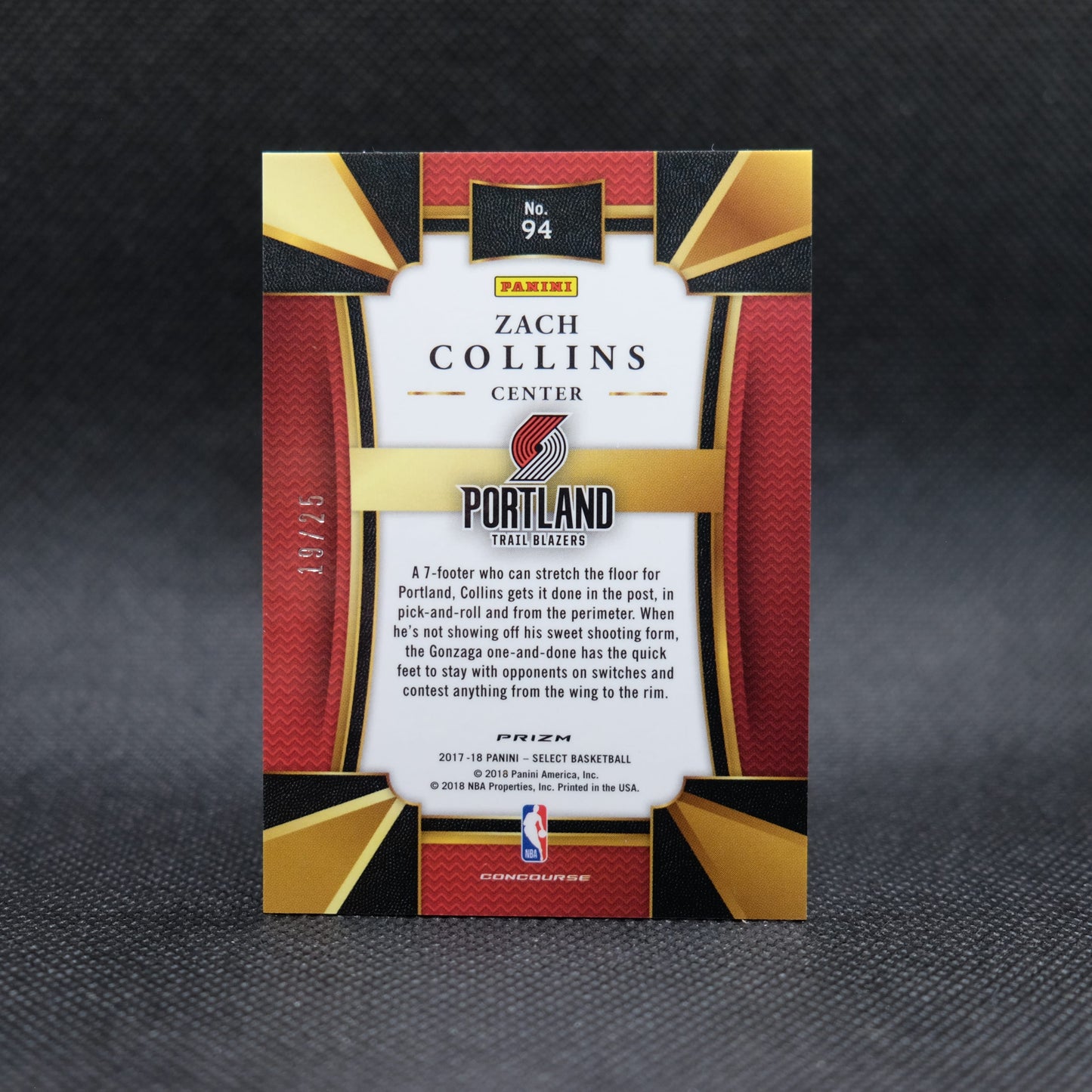 2017-18 Zach Collins Select #94 Tie Dye Prizm Rookie Card