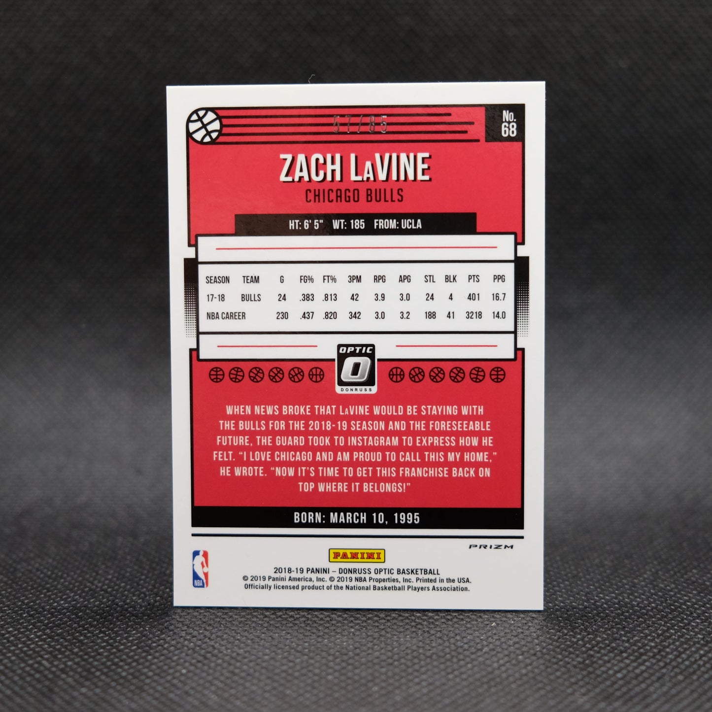 2018-19 Zach LaVine Donruss Optic #68 Red Fast Break /85