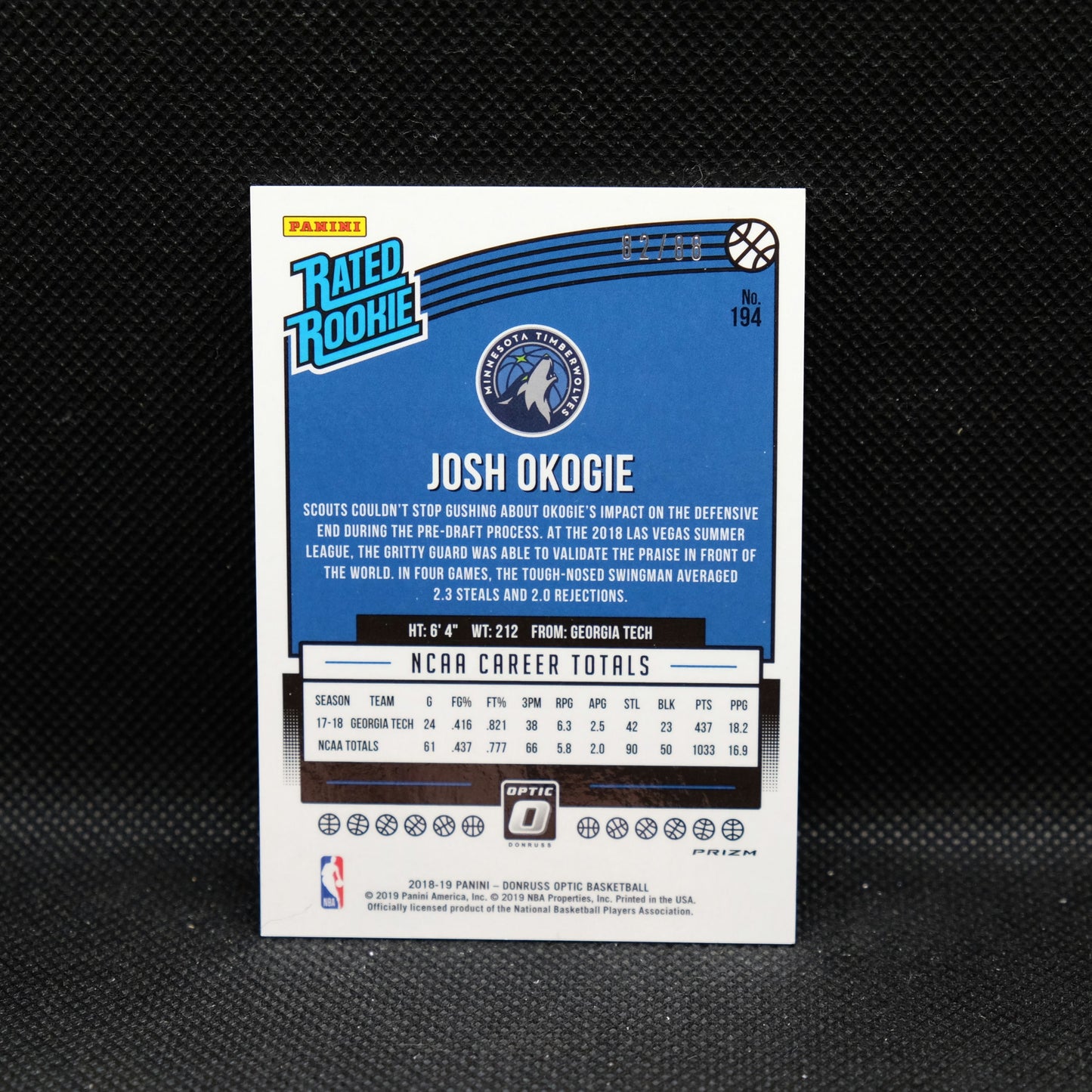 2018-19 Josh Okogie Donruss Optic Rated Rookie Red Mojo Prizm /88