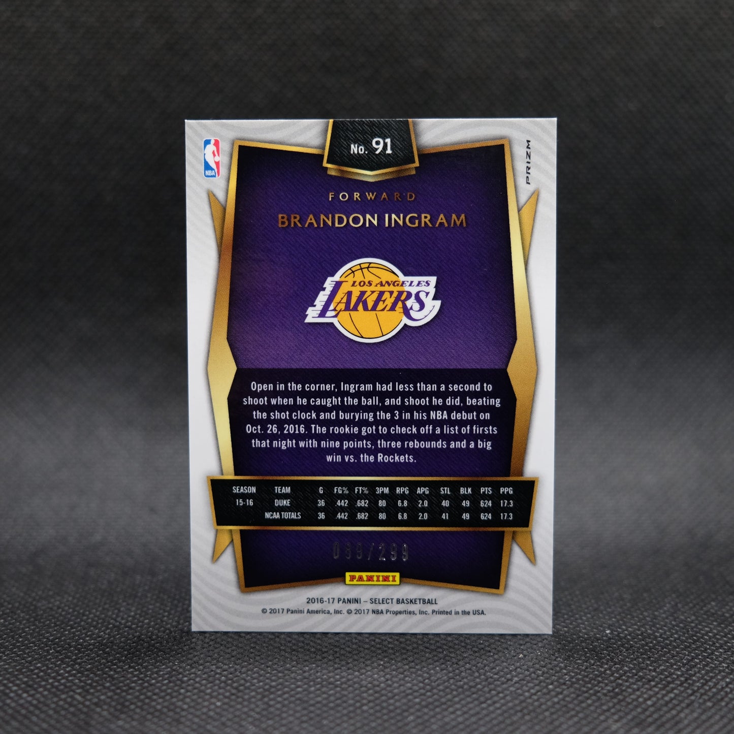 2016-17 Brandon Ingram Select #91 Blue Prizm Rookie Card /299