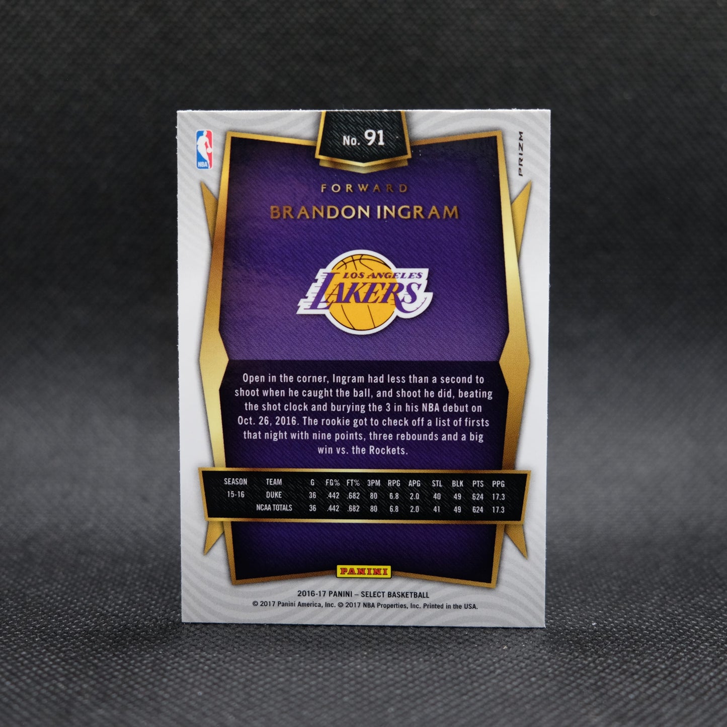 2016-17 Brandon Ingram Select #91 Tri Colour Prizm Rookie Card