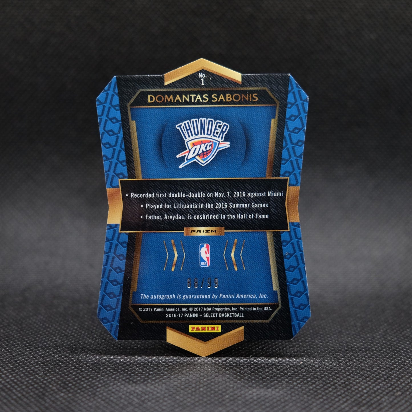 2016-17 Domantas Sabonis Select #1 Gold Pulsar Prizm Die Cut Rookie Autograph /99