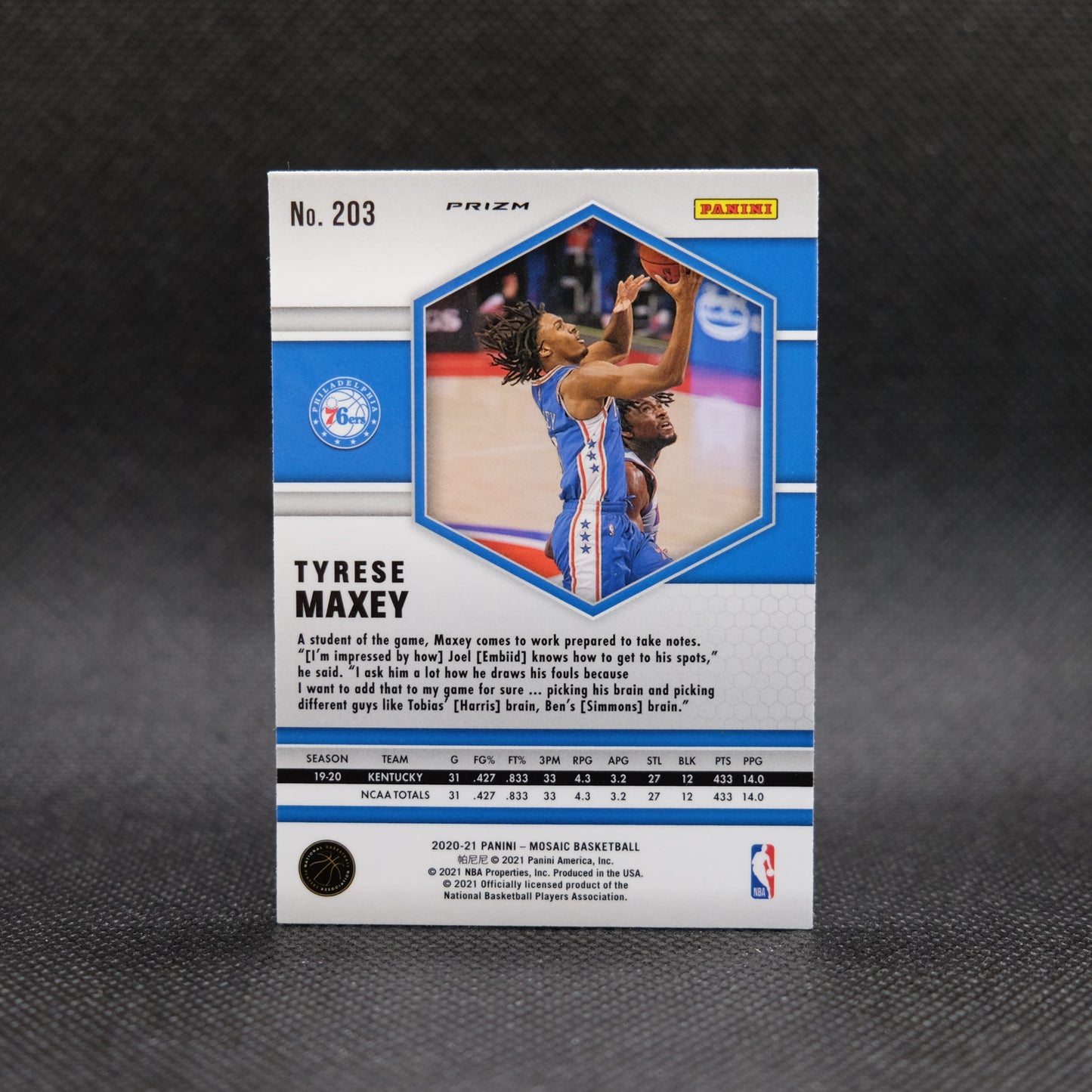 2020-21 Tyrese Maxey Mosaic #203 Pink Camo Prizm Rookie Card