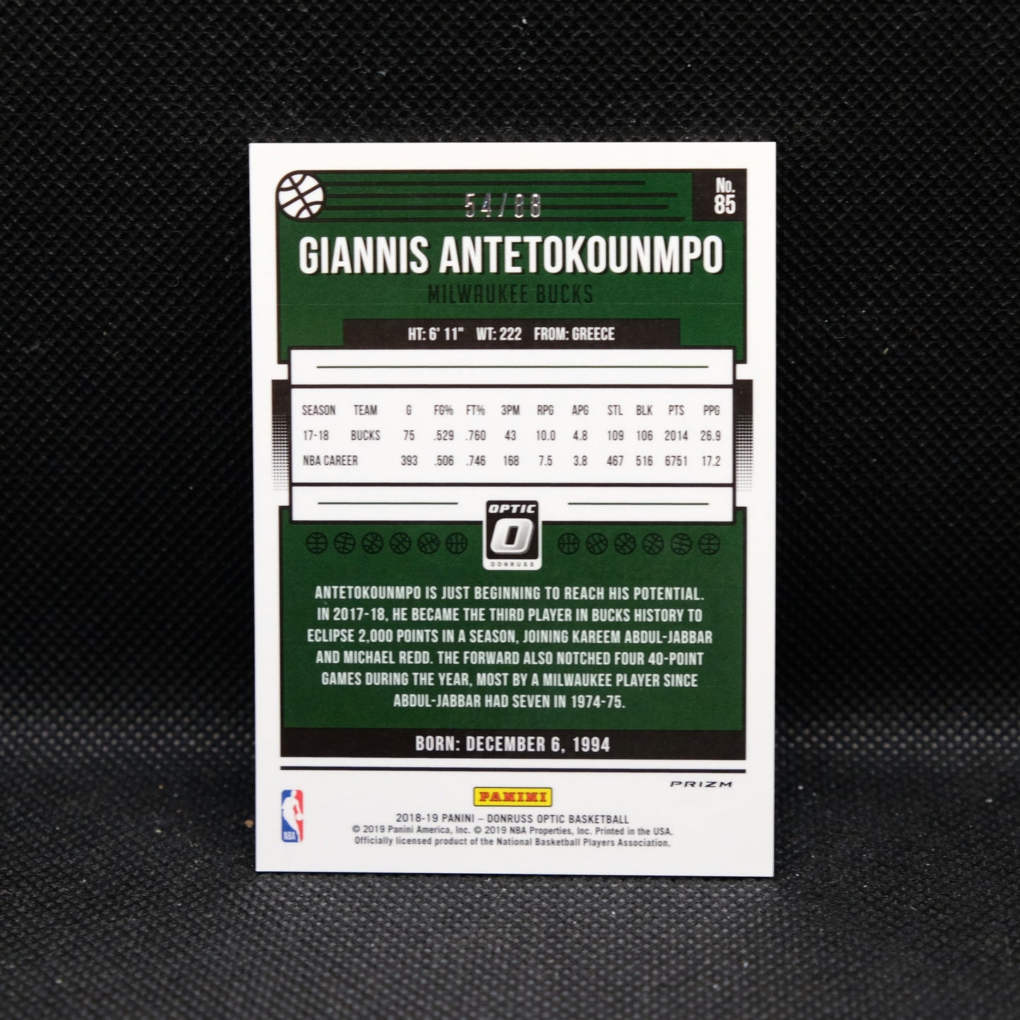 2018-19 Giannis Antetokounmpo Donruss Optic Red Mojo Prizm 54/88