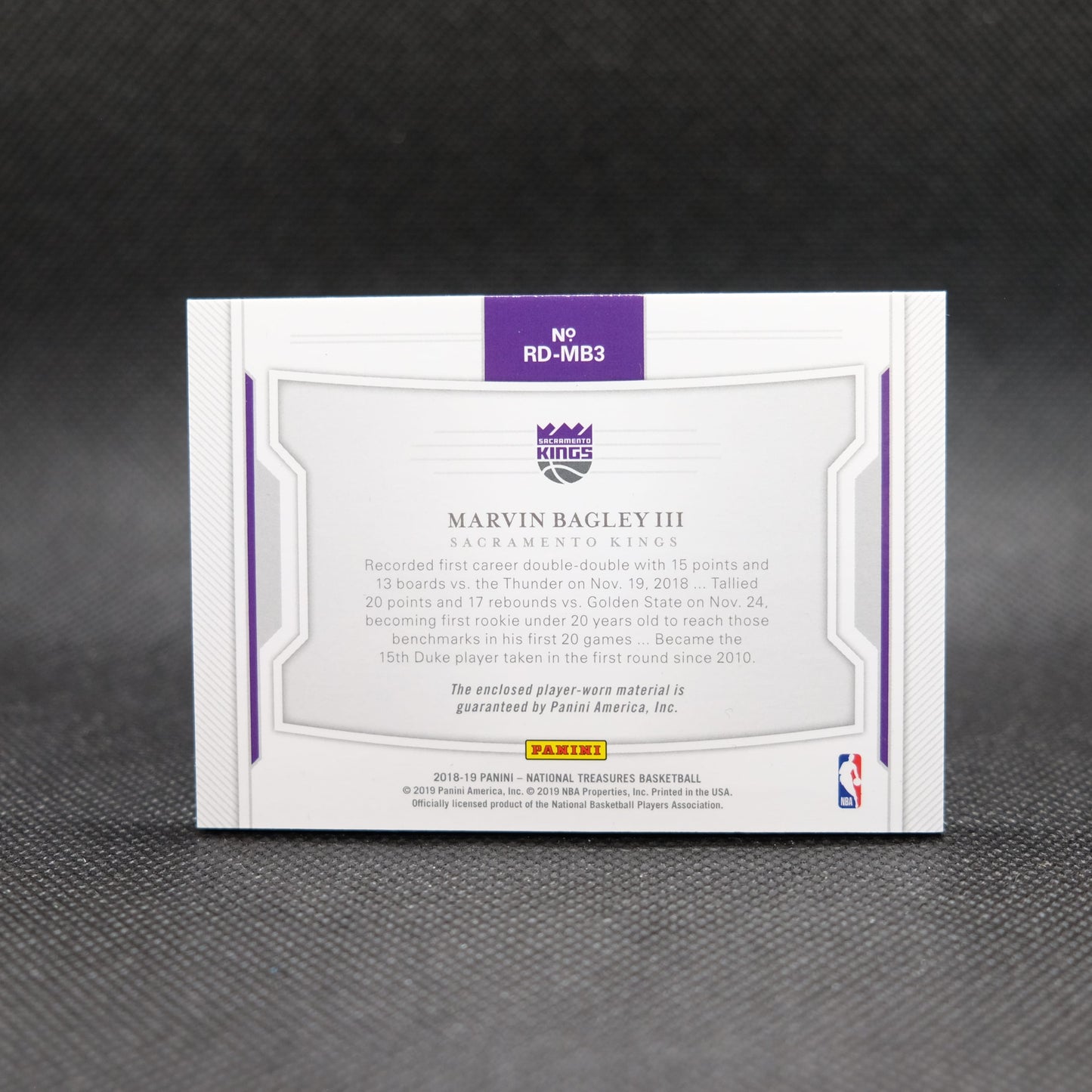 2018-19 Marvin Bagley III National Treasures Rookie Dual Patch RD-MB3 /99
