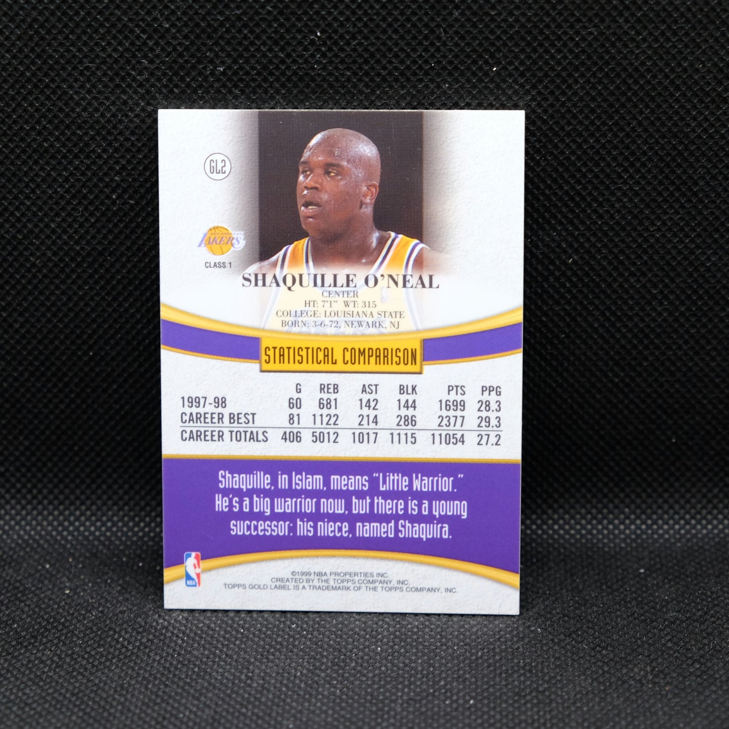 1999 Shaquille O'Neal Topps Gold Label GL2 Class 1